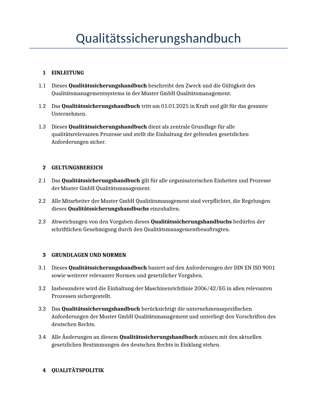 Beispiel für einen Qualitätssicherungshandbuch zur Verwendung in Deutschland, generiert von unserem KI-Modell.