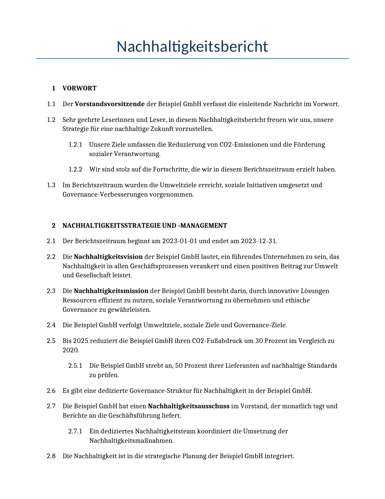 Beispiel für einen Nachhaltigkeitsbericht zur Verwendung in Deutschland, generiert von unserem KI-Modell.
