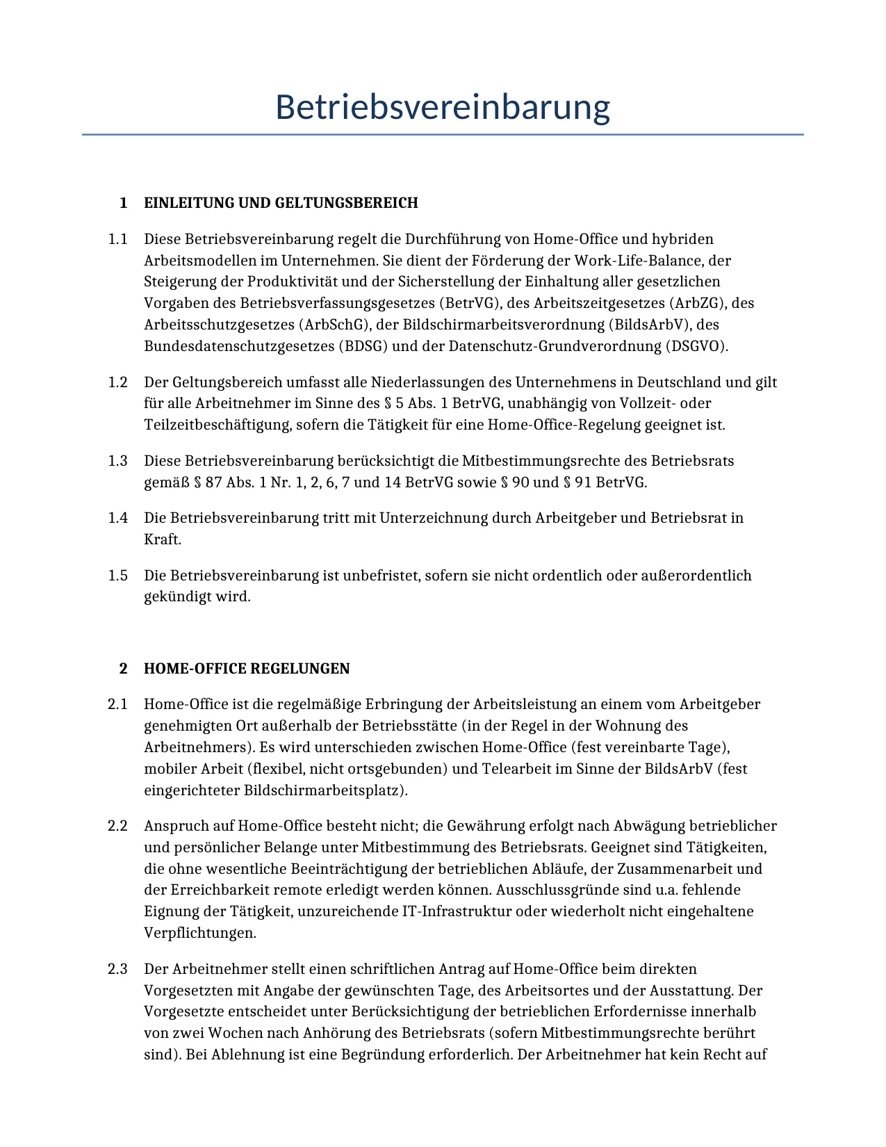 Beispiel für einen Betriebsvereinbarung zur Verwendung in Deutschland, generiert von unserem KI-Modell.