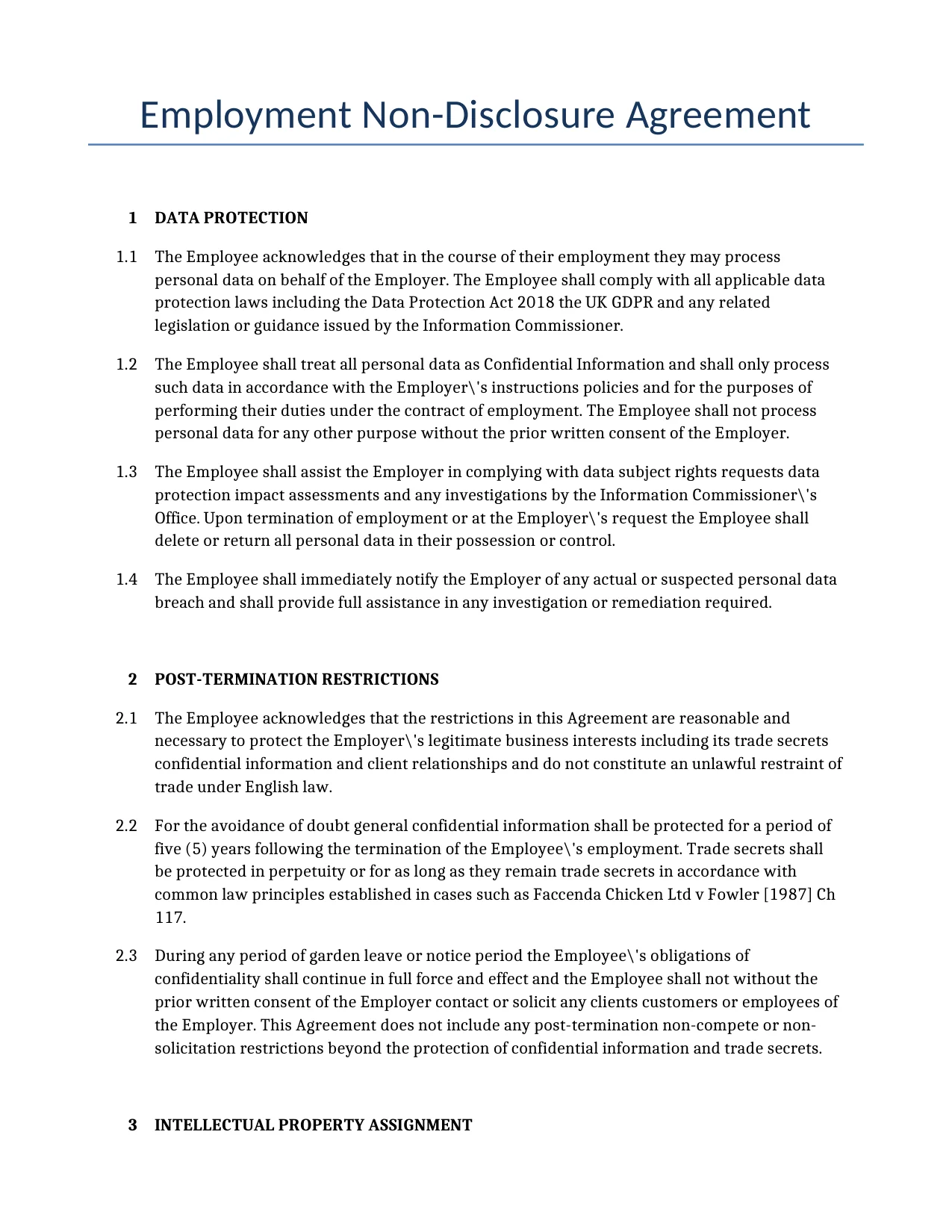 Example of a Employment Non-Disclosure Agreement for use in the United Kingdom</b> generated by our AI model.
