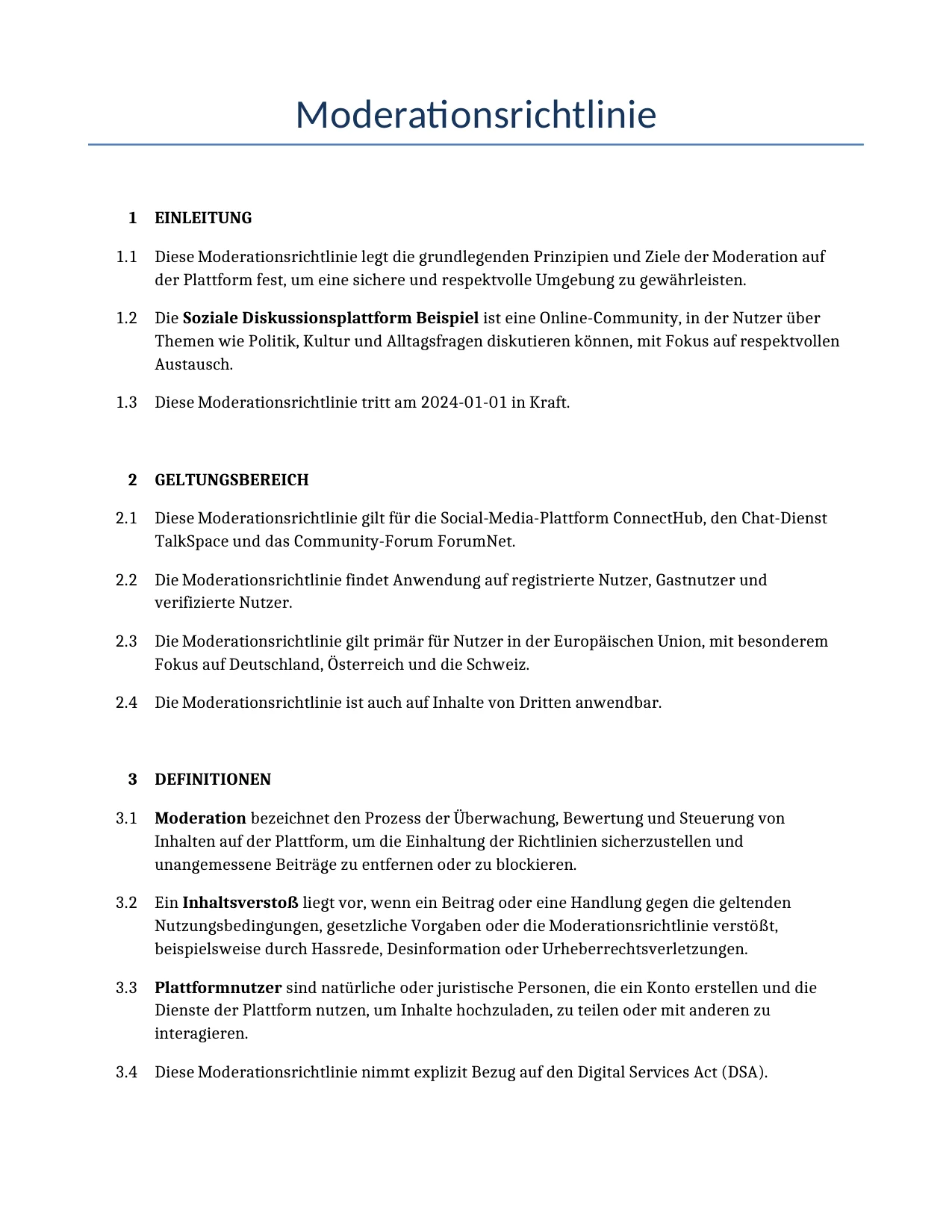Beispiel für einen Moderationsrichtlinie zur Verwendung in Deutschland, generiert von unserem KI-Modell.