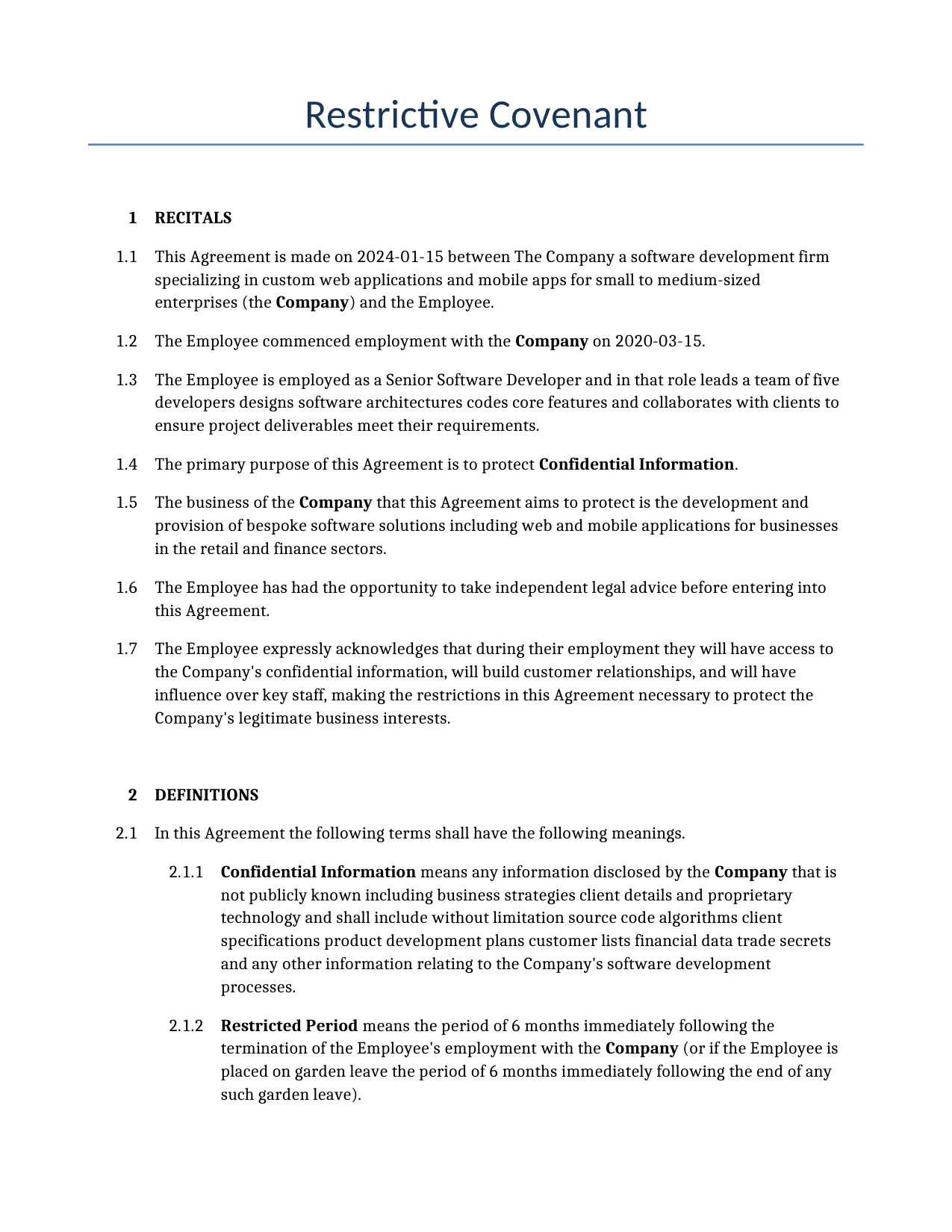 Example of a Restrictive Covenant for use in the United Kingdom</b> generated by our AI model. 
