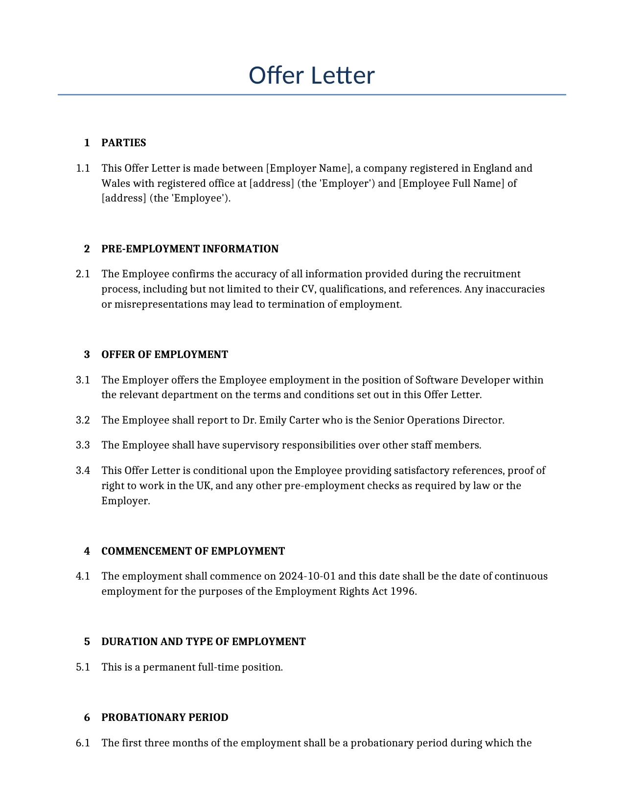 Example of a Offer Letter for use in the United Kingdom</b> generated by our AI model. 