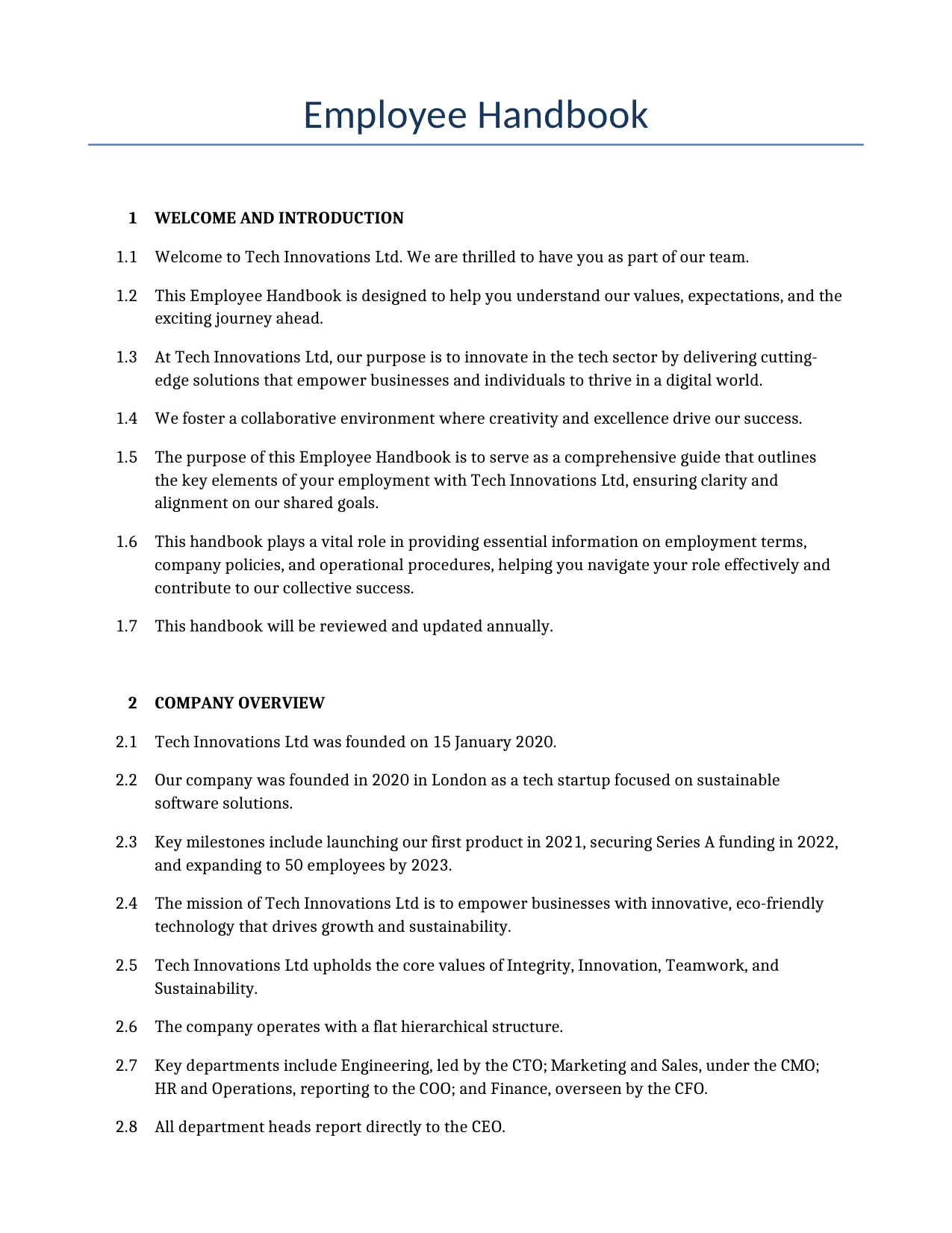 Example of a Employee Handbook for use in the United Kingdom</b> generated by our AI model. 