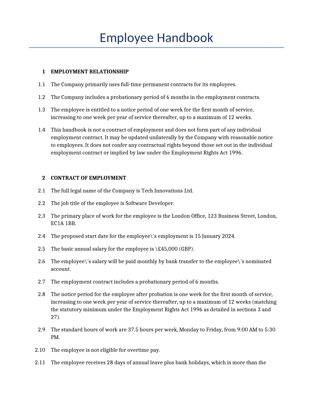 Example of a Employee Handbook for use in the United Kingdom</b> generated by our AI model. 