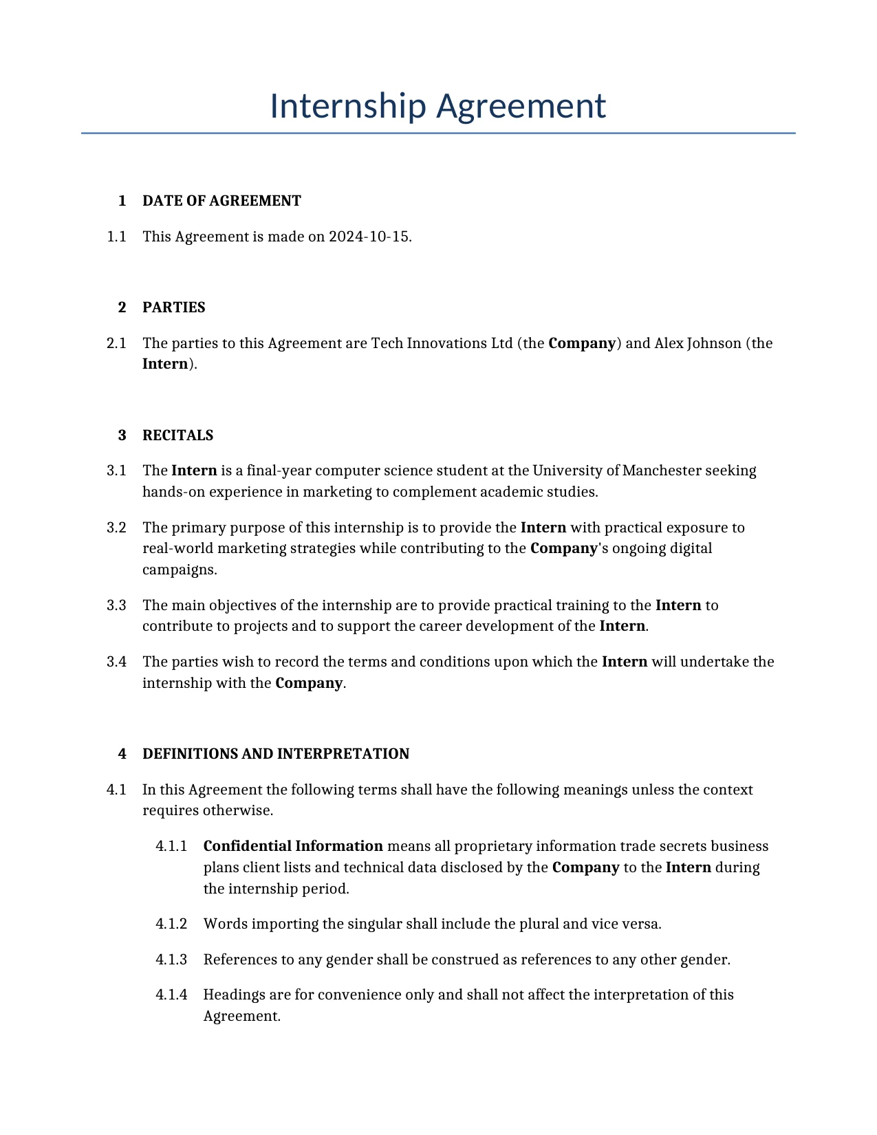 Example of a Internship Agreement for use in the United Kingdom</b> generated by our AI model. 