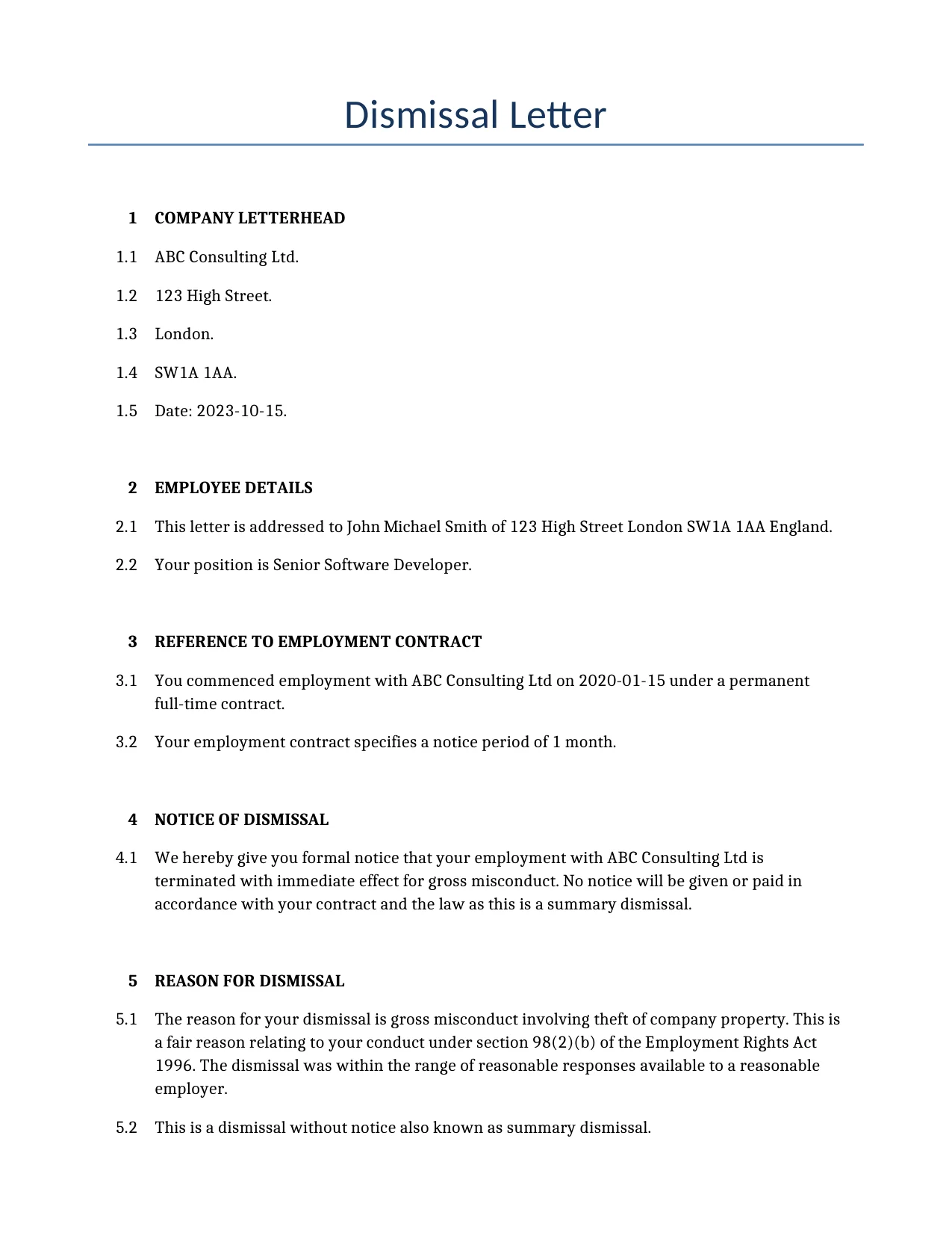 Example of a Dismissal Letter for use in the United Kingdom</b> generated by our AI model. 
