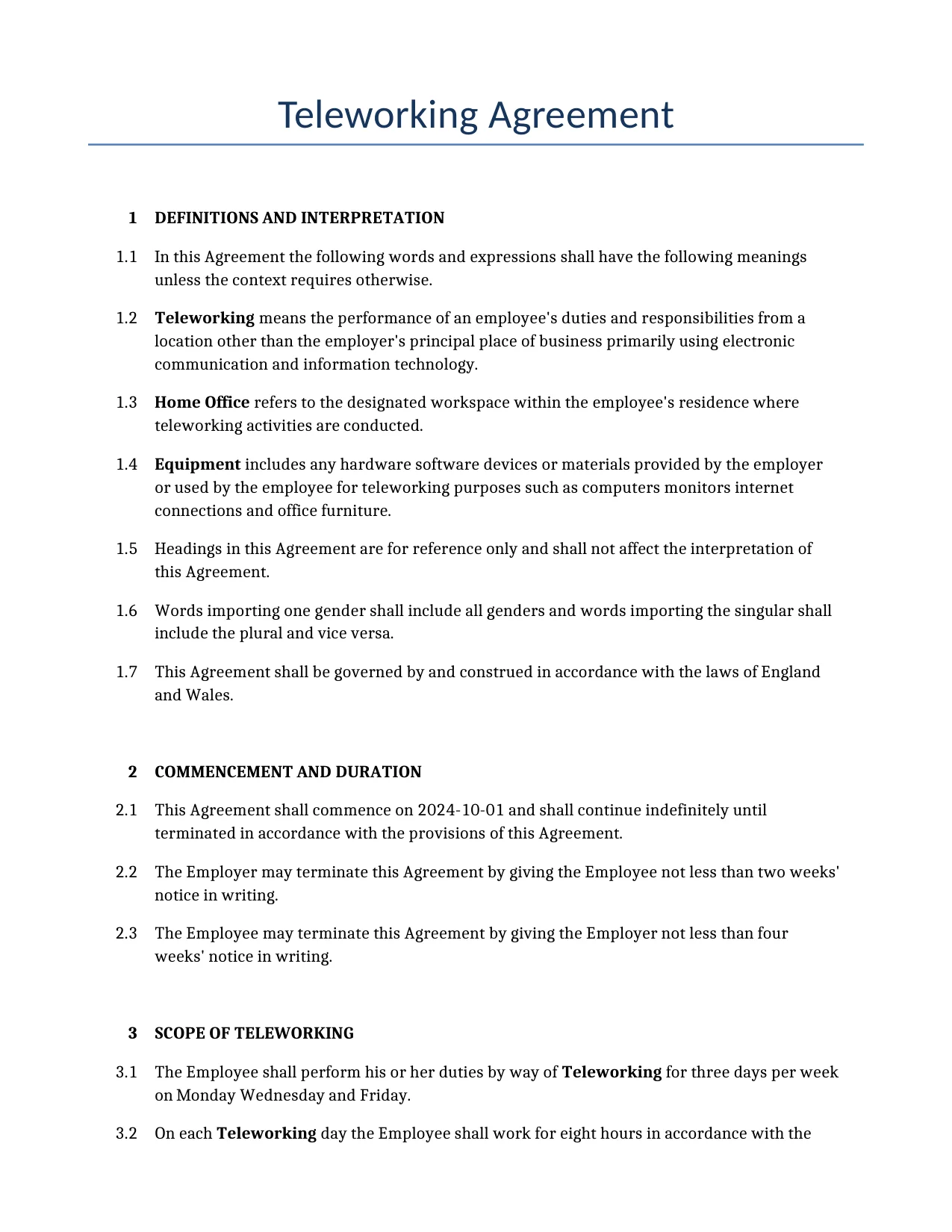 Example of a Teleworking Agreement for use in the United Kingdom</b> generated by our AI model. 