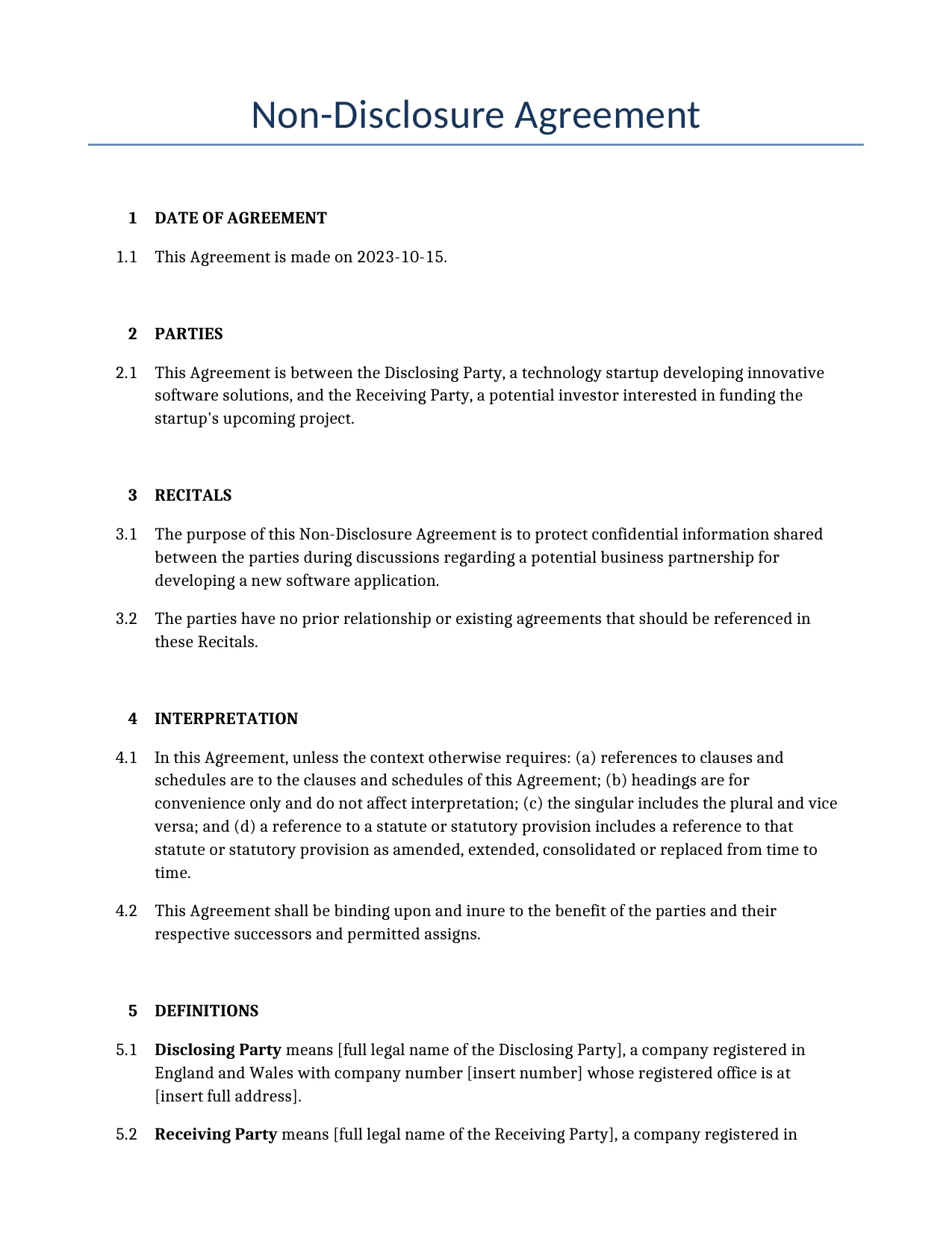Example of a Non-Disclosure Agreement for use in the United Kingdom</b> generated by our AI model.