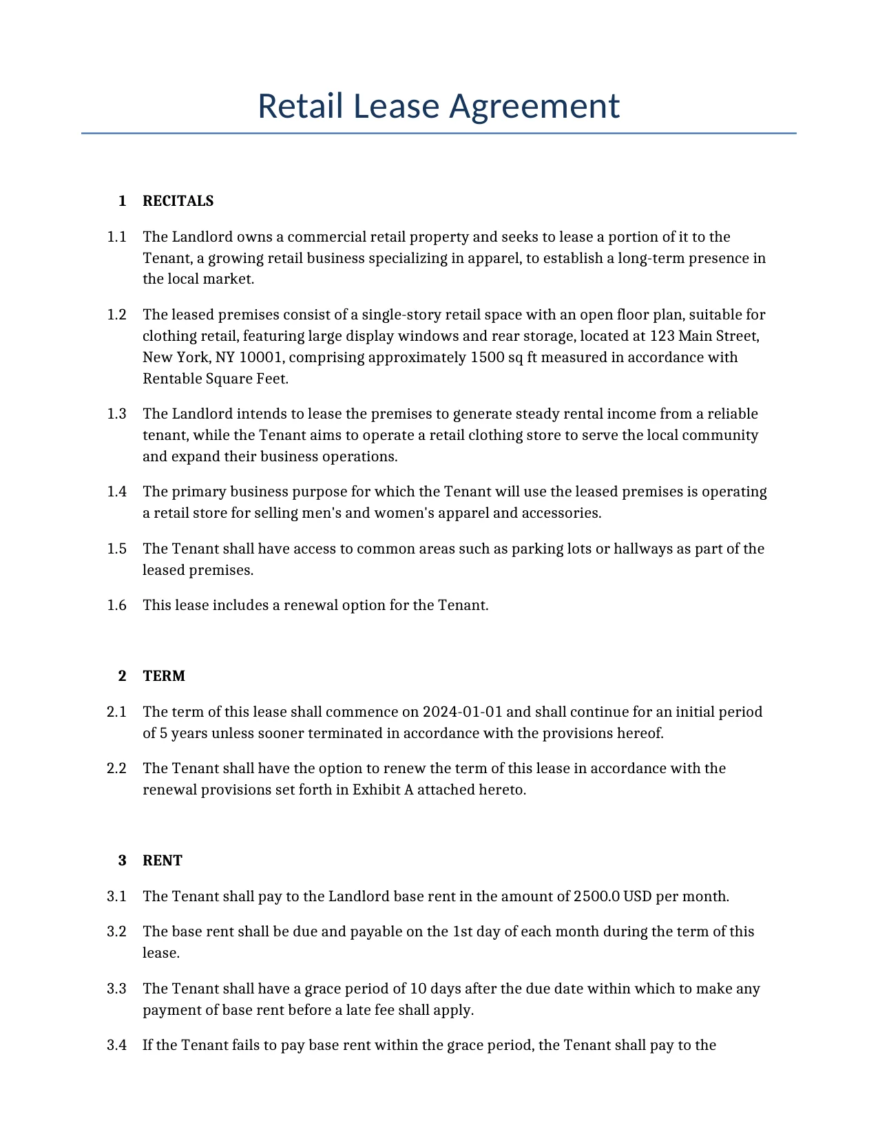 Example of a Retail Lease Agreement for use in the United States</b> generated by our AI model. 