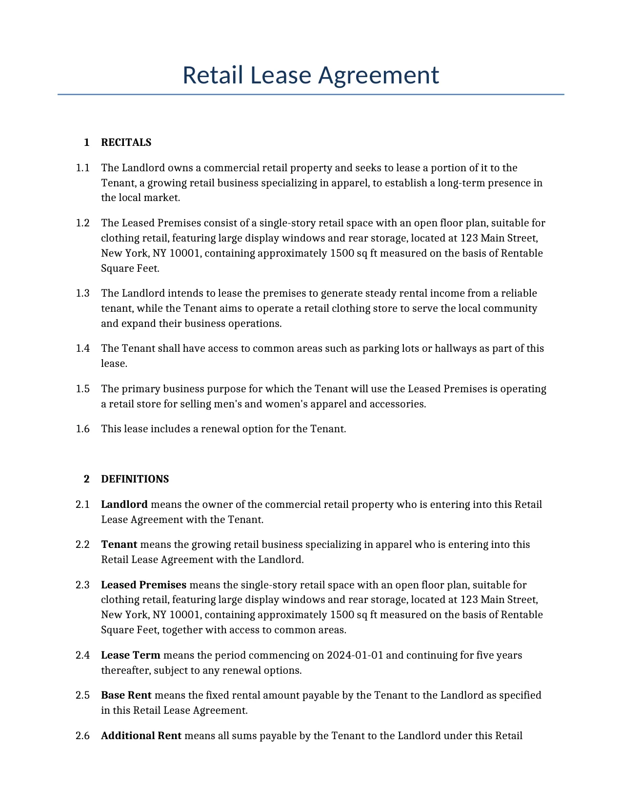 Example of a Retail Lease Agreement for use in the United States</b> generated by our AI model. 