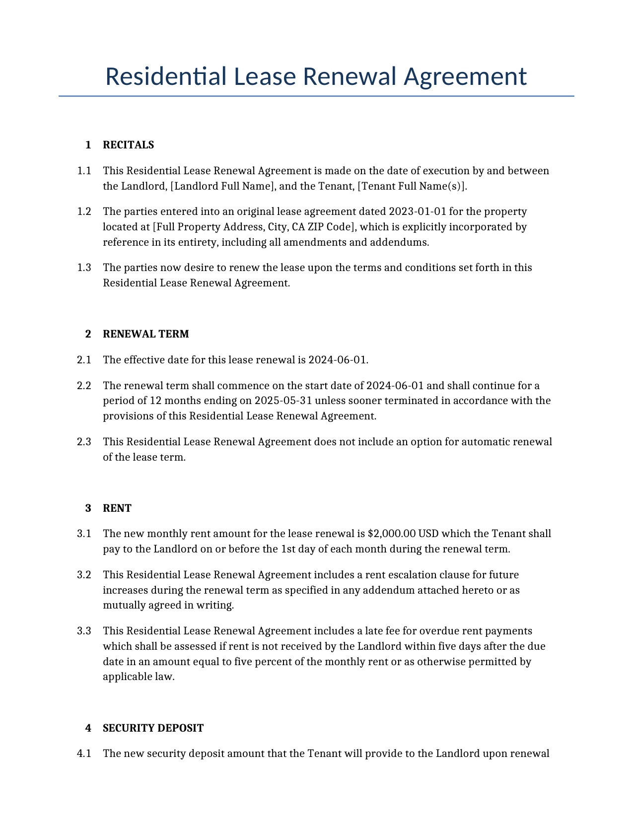 Example of a Residential Lease Renewal Agreement for use in the United States</b> generated by our AI model.