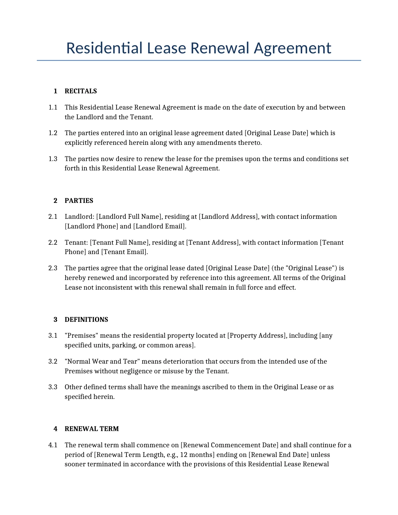 Example of a Residential Lease Renewal Agreement for use in the United States</b> generated by our AI model.