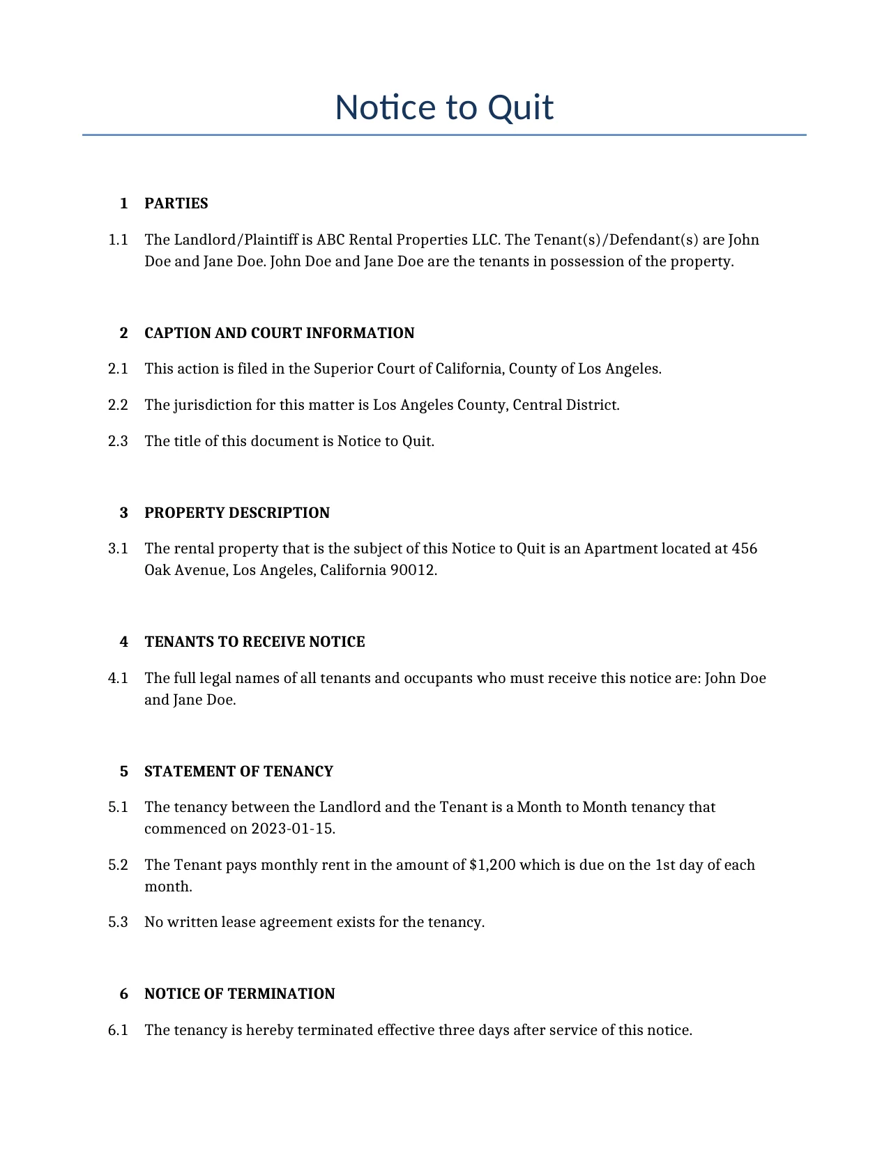 Example of a Notice to Quit for use in the United States</b> generated by our AI model. 
