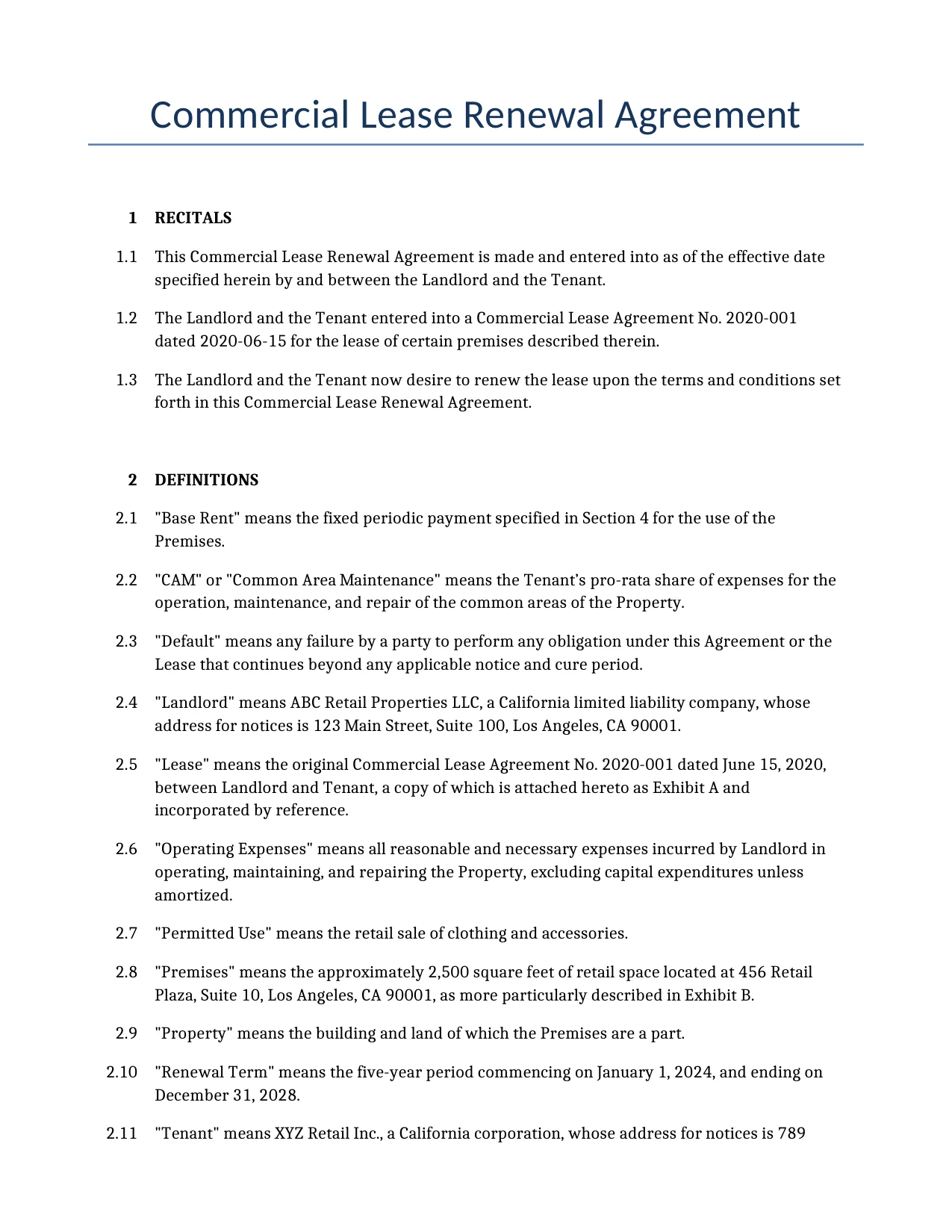 Example of a Commercial Lease Renewal Agreement for use in the United States</b> generated by our AI model. 