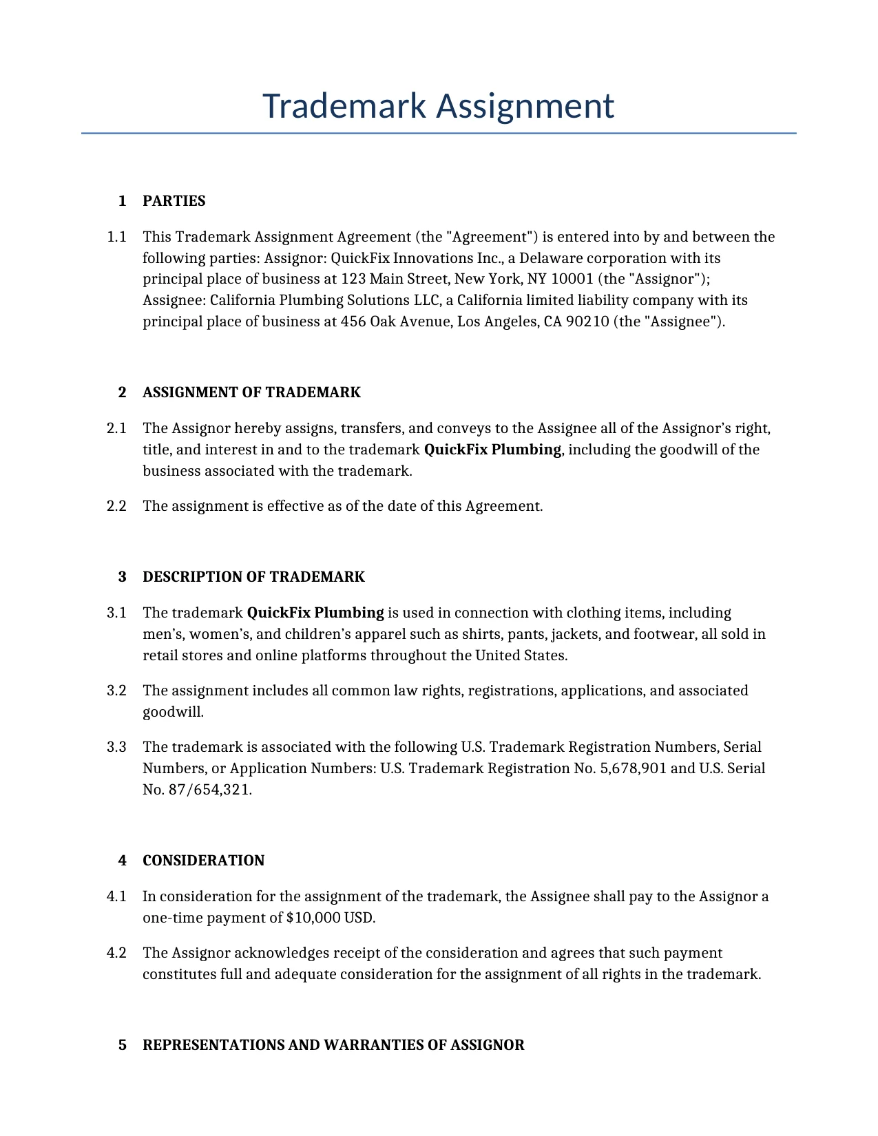 Example of a Trademark Assignment for use in the United States</b> generated by our AI model. 