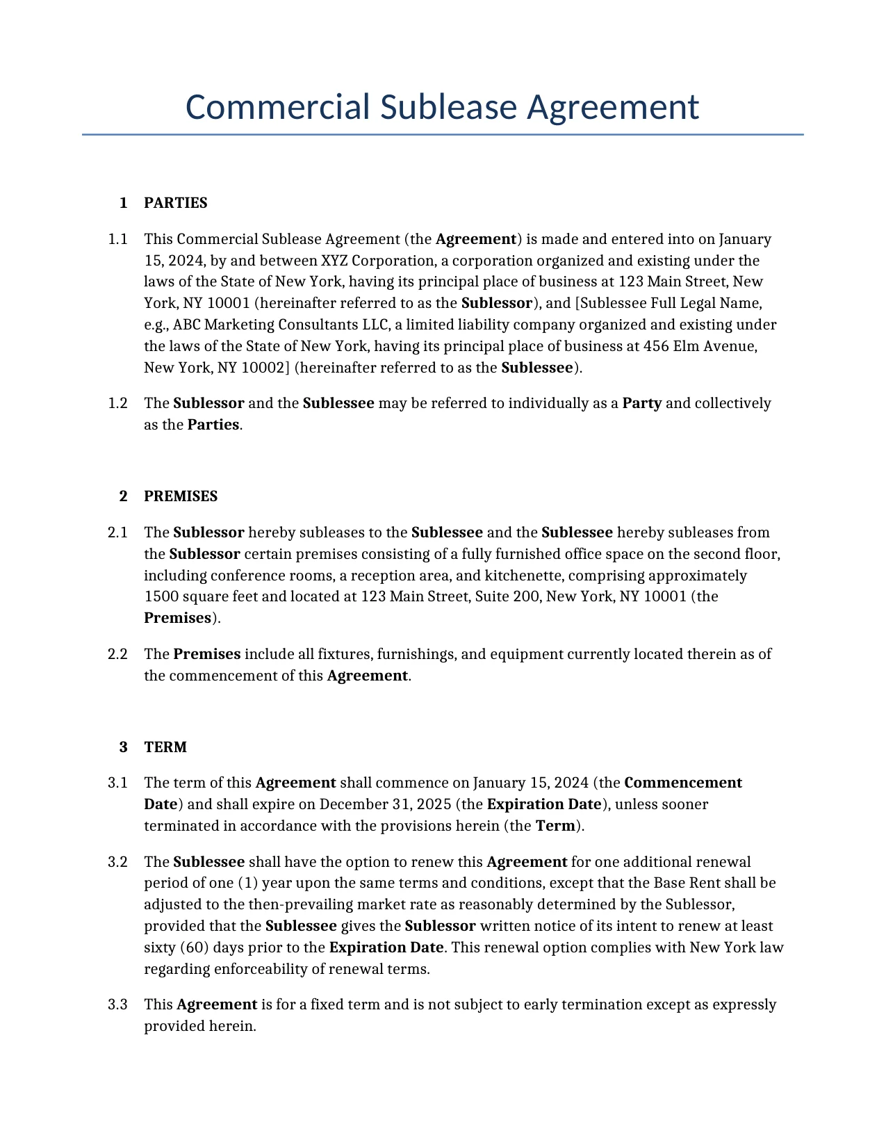 Example of a Commercial Sublease Agreement for use in the United States</b> generated by our AI model. 