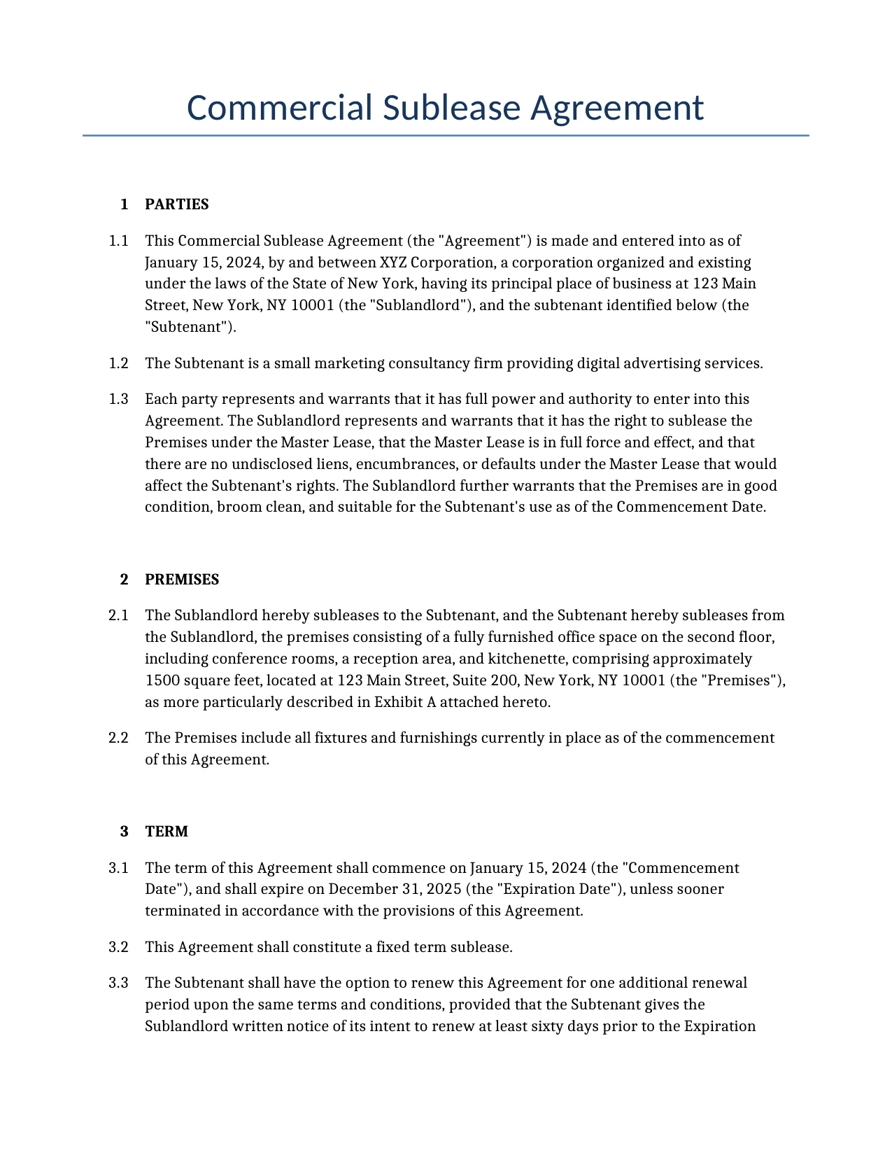 Example of a Commercial Sublease Agreement for use in the United States</b> generated by our AI model. 