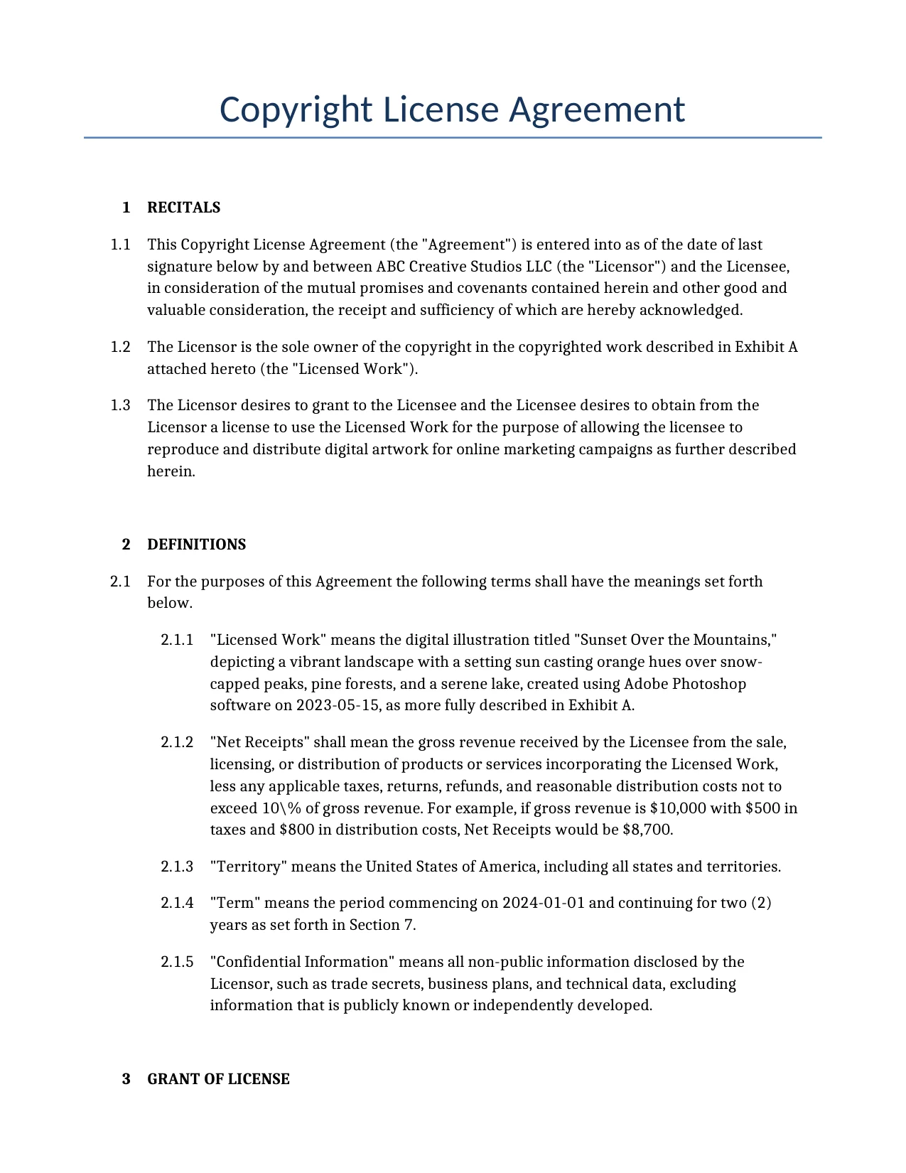 Example of a Copyright License Agreement for use in the United States</b> generated by our AI model.