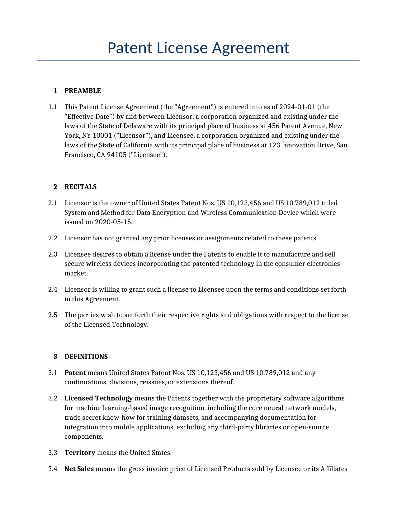 Example of a Patent License Agreement for use in the United States</b> generated by our AI model. 