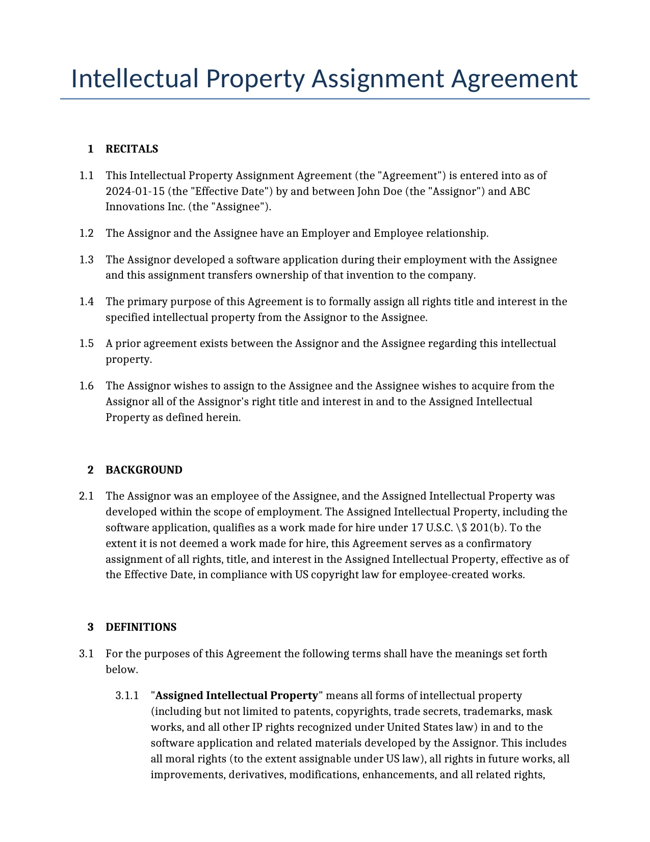 Example of a Intellectual Property Assignment Agreement for use in the United States</b> generated by our AI model. 