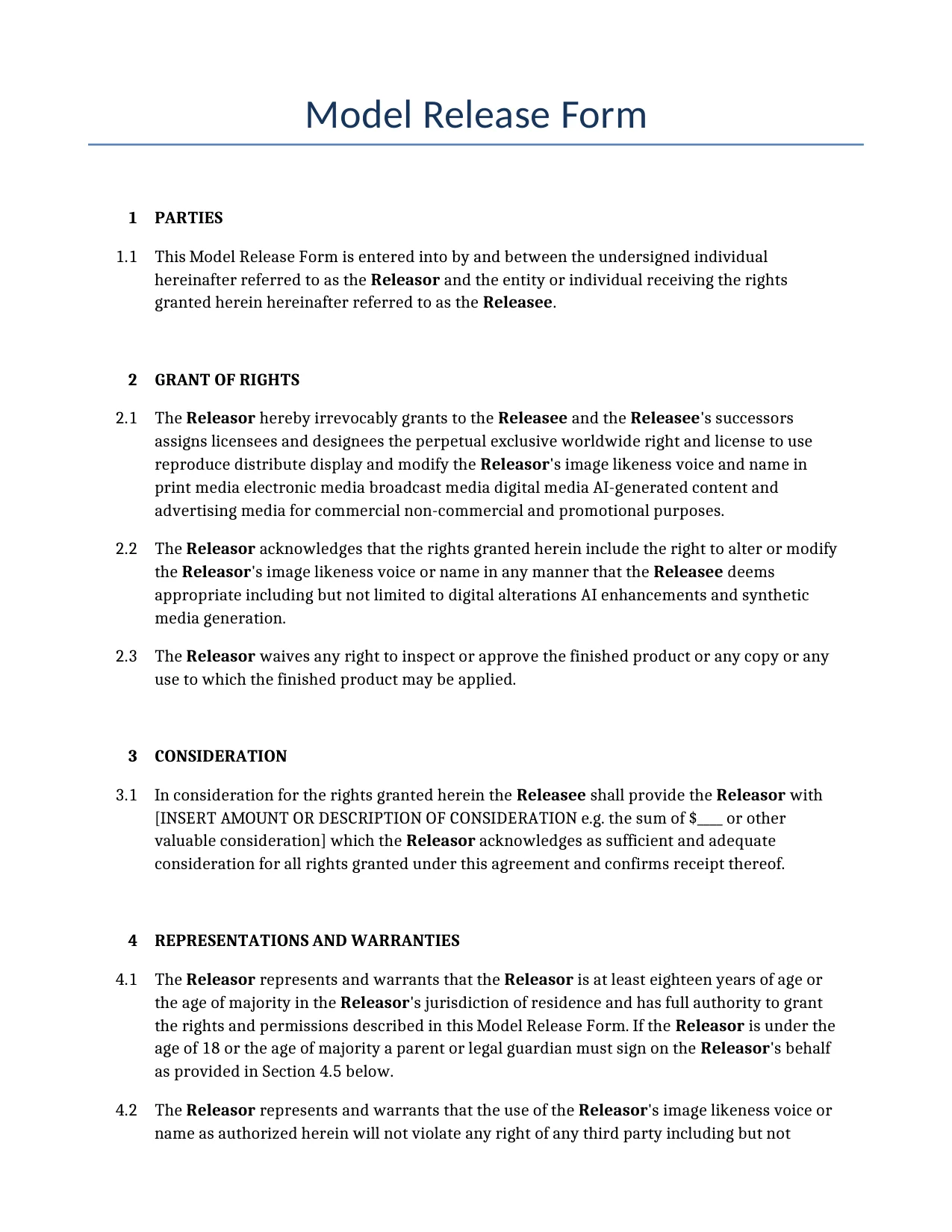 Example of a Model Release Form for use in the United States</b> generated by our AI model. 