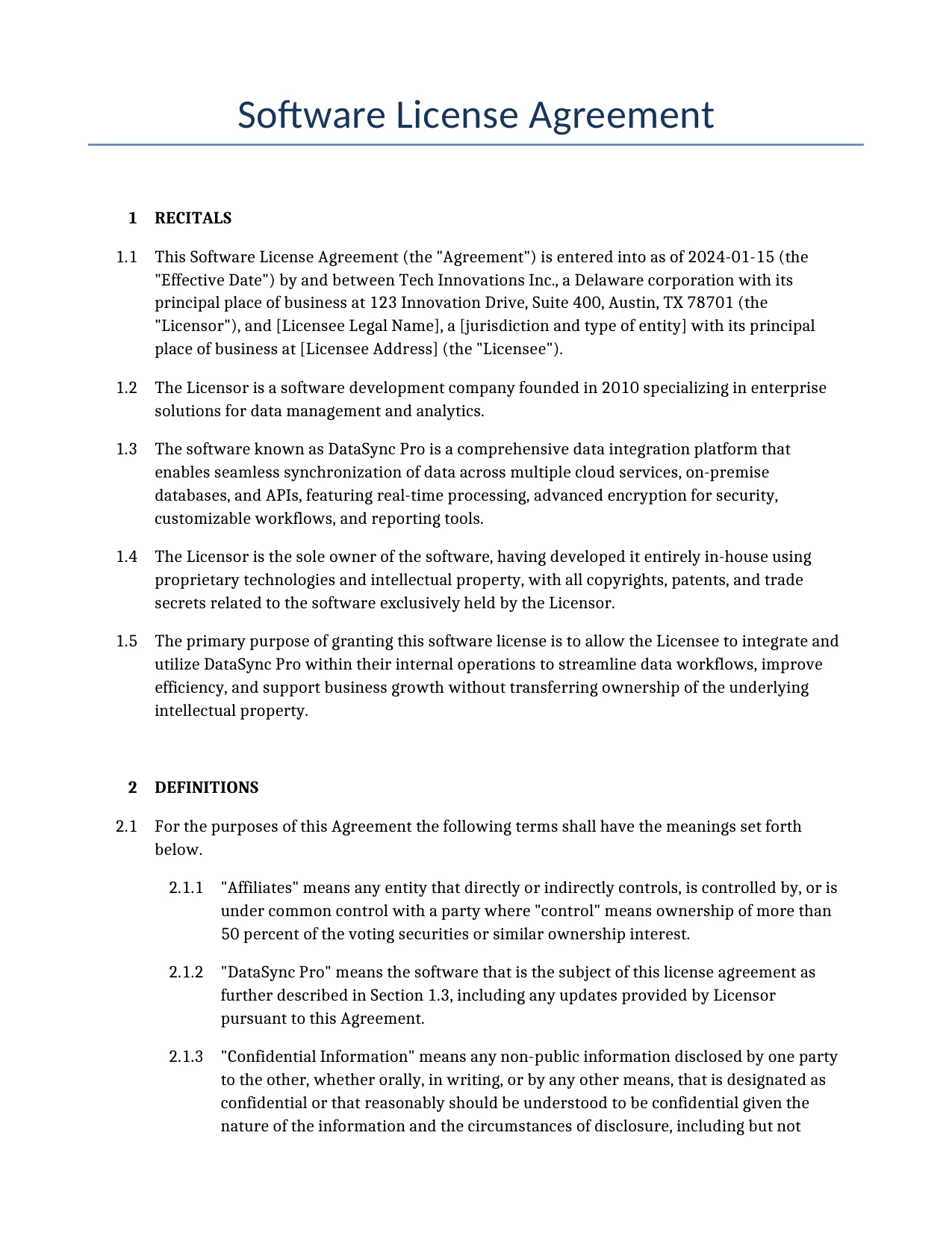 Example of a Software License Agreement for use in the United States</b> generated by our AI model. 