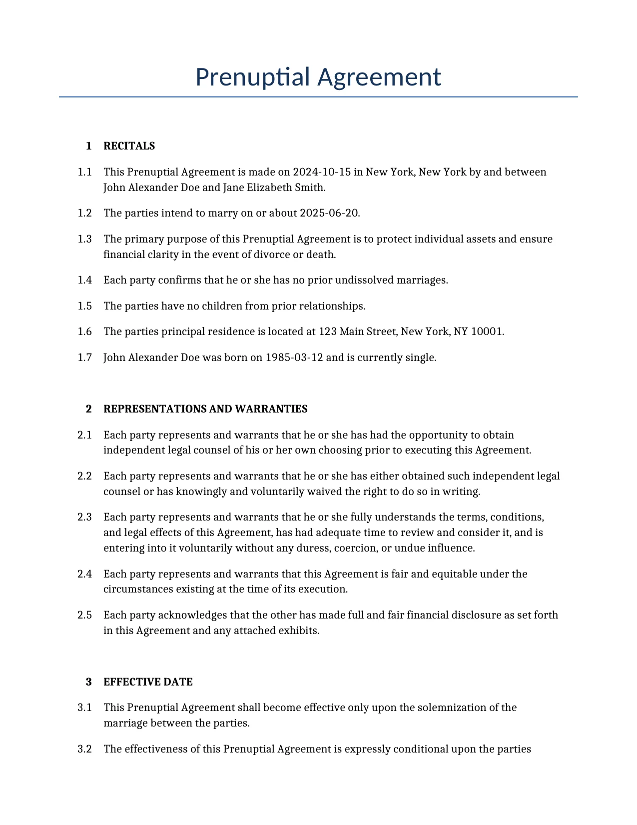 Example of a Prenuptial Agreement for use in the United States</b> generated by our AI model.