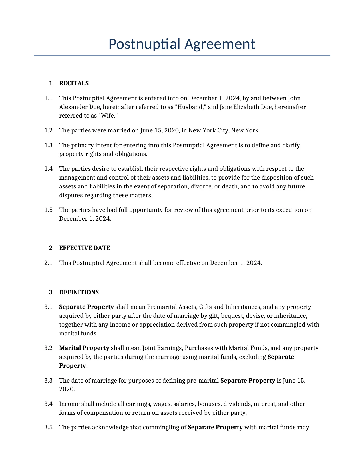 Example of a Postnuptial Agreement for use in the United States</b> generated by our AI model. 