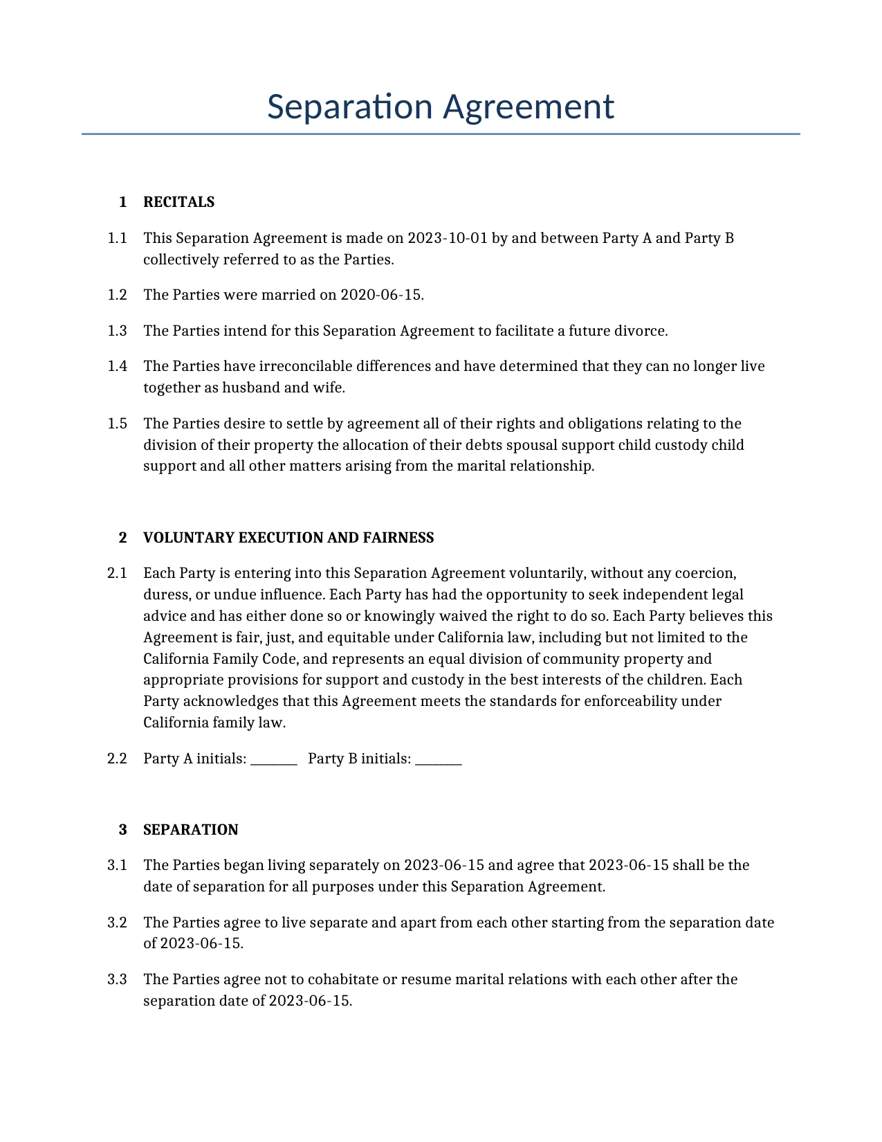 Example of a Separation Agreement for use in the United States</b> generated by our AI model. 