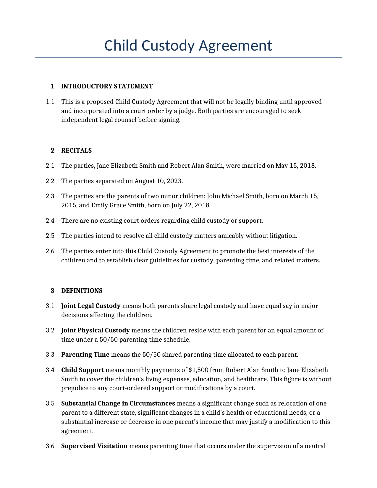 Example of a Child Custody Agreement for use in the United States</b> generated by our AI model. 