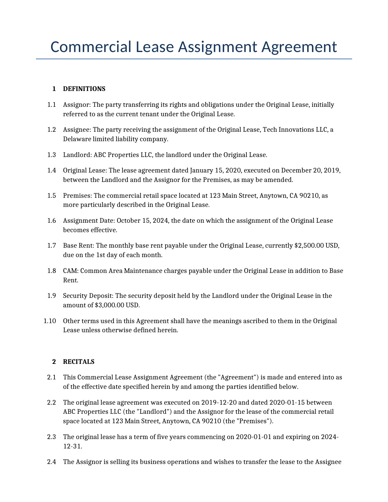 Example of a Commercial Lease Assignment Agreement for use in the United States</b> generated by our AI model. 
