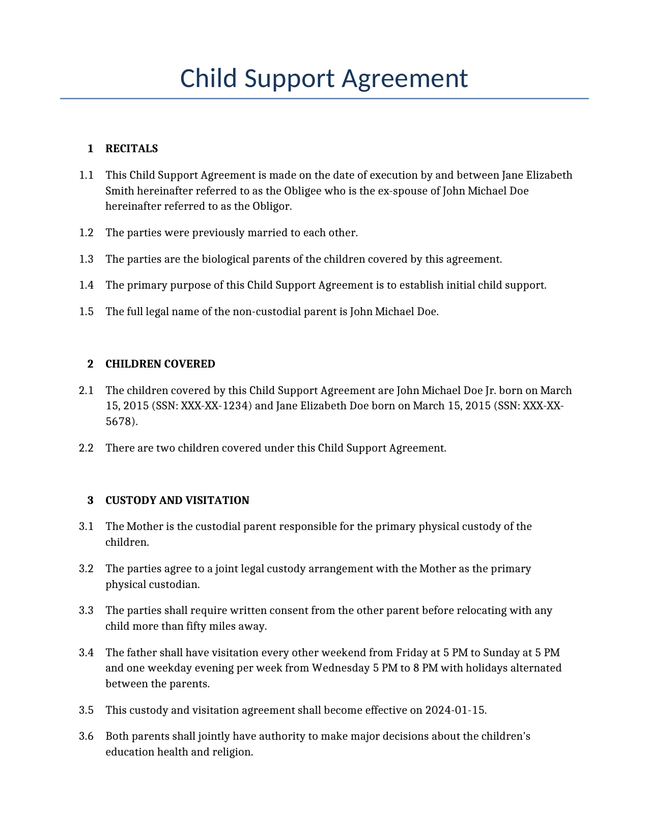 Example of a Child Support Agreement for use in the United States</b> generated by our AI model. 