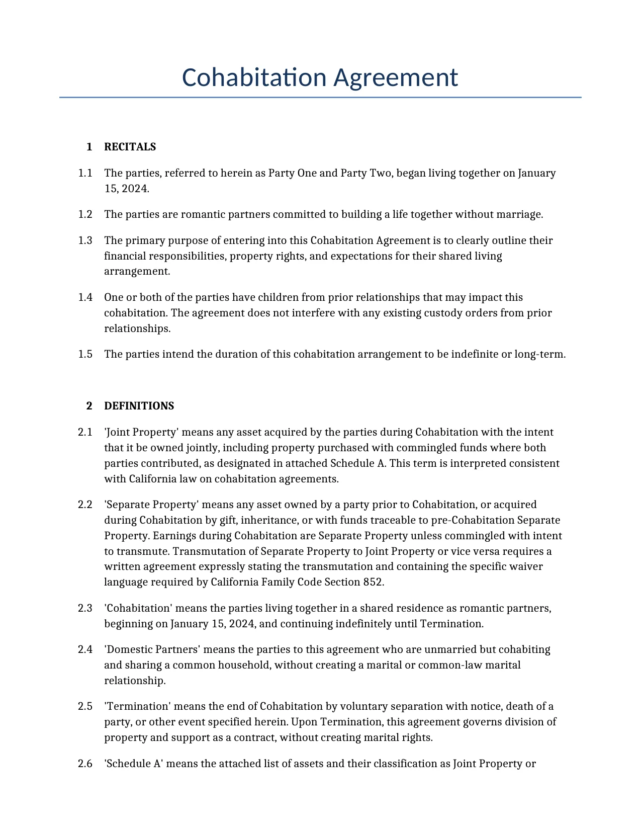 Example of a Cohabitation Agreement for use in the United States</b> generated by our AI model. 
