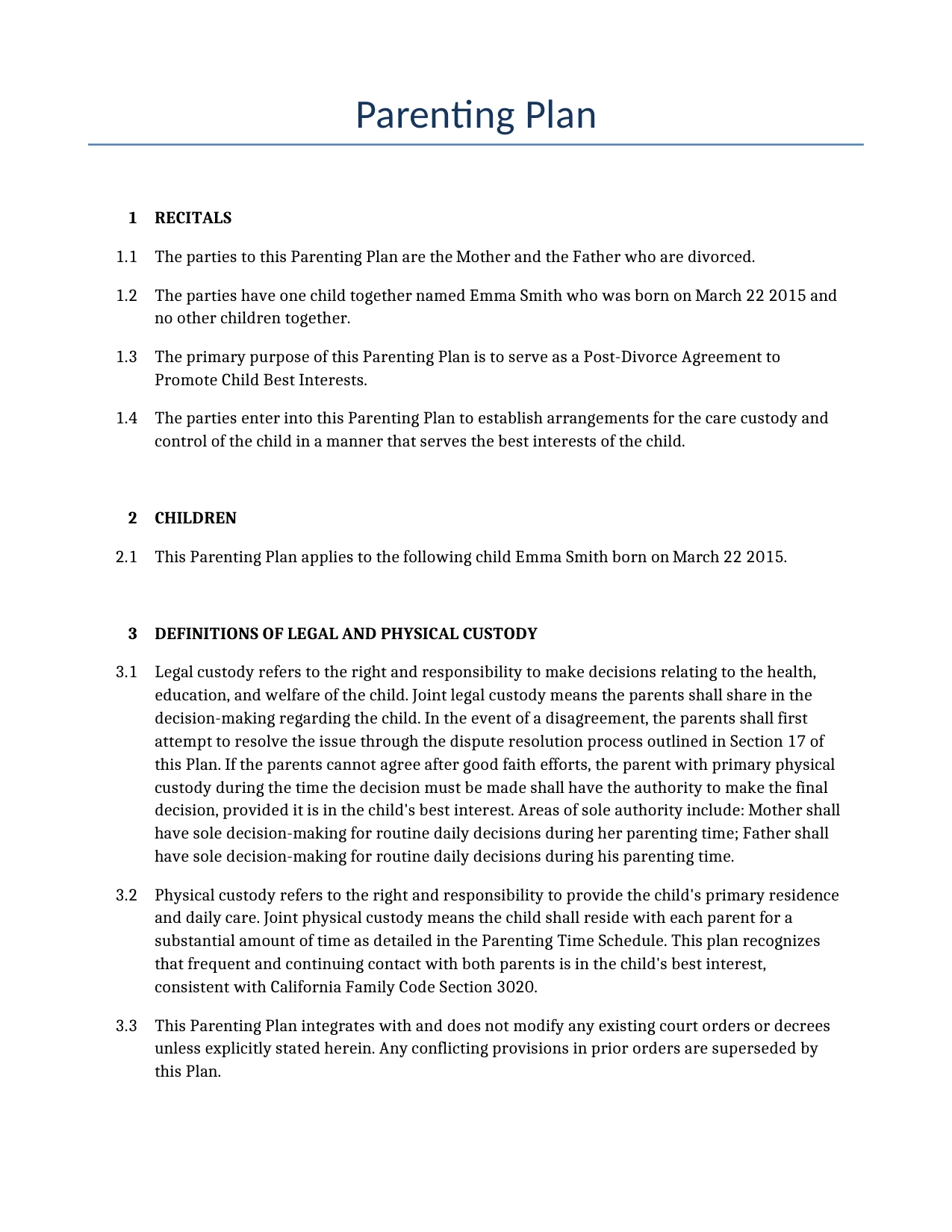 Example of a Parenting Plan for use in the United States</b> generated by our AI model.
