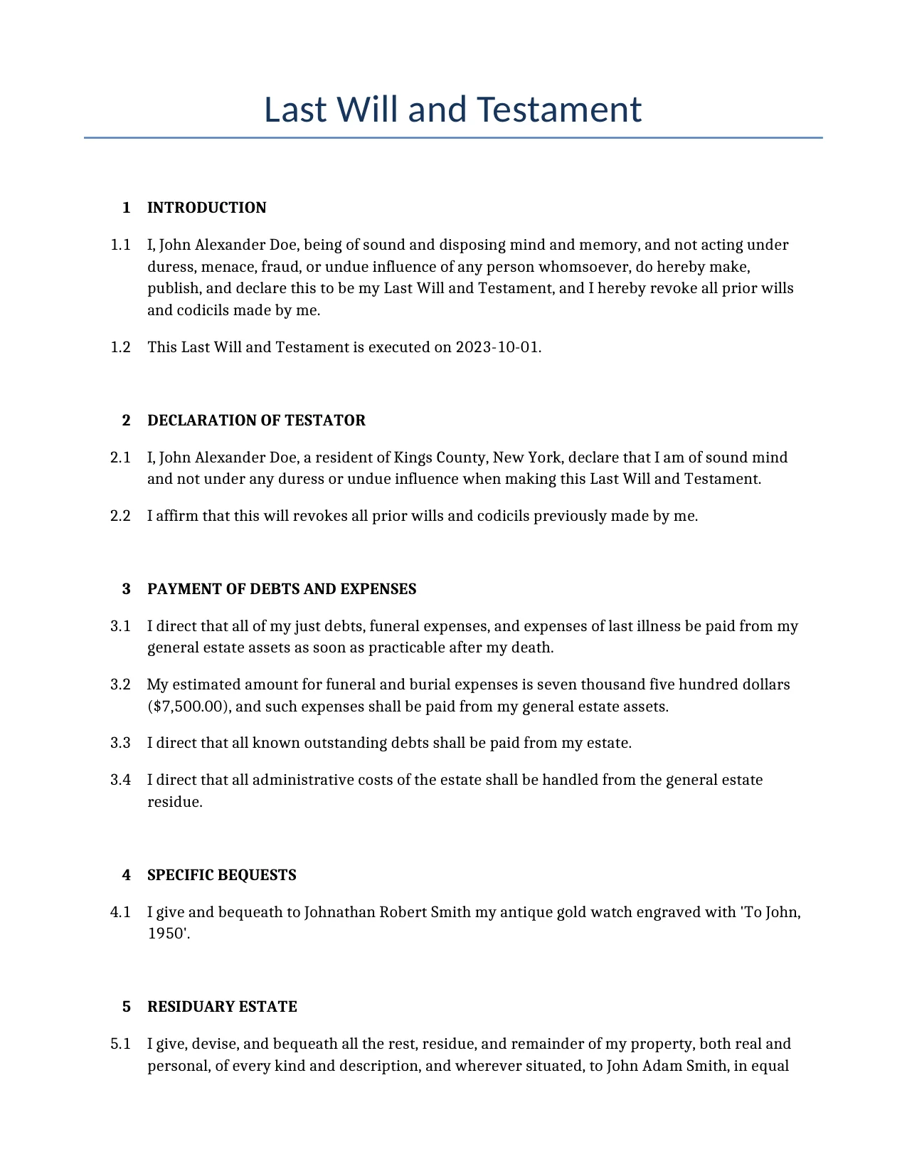 Example of a Last Will and Testament for use in the United States</b> generated by our AI model. 