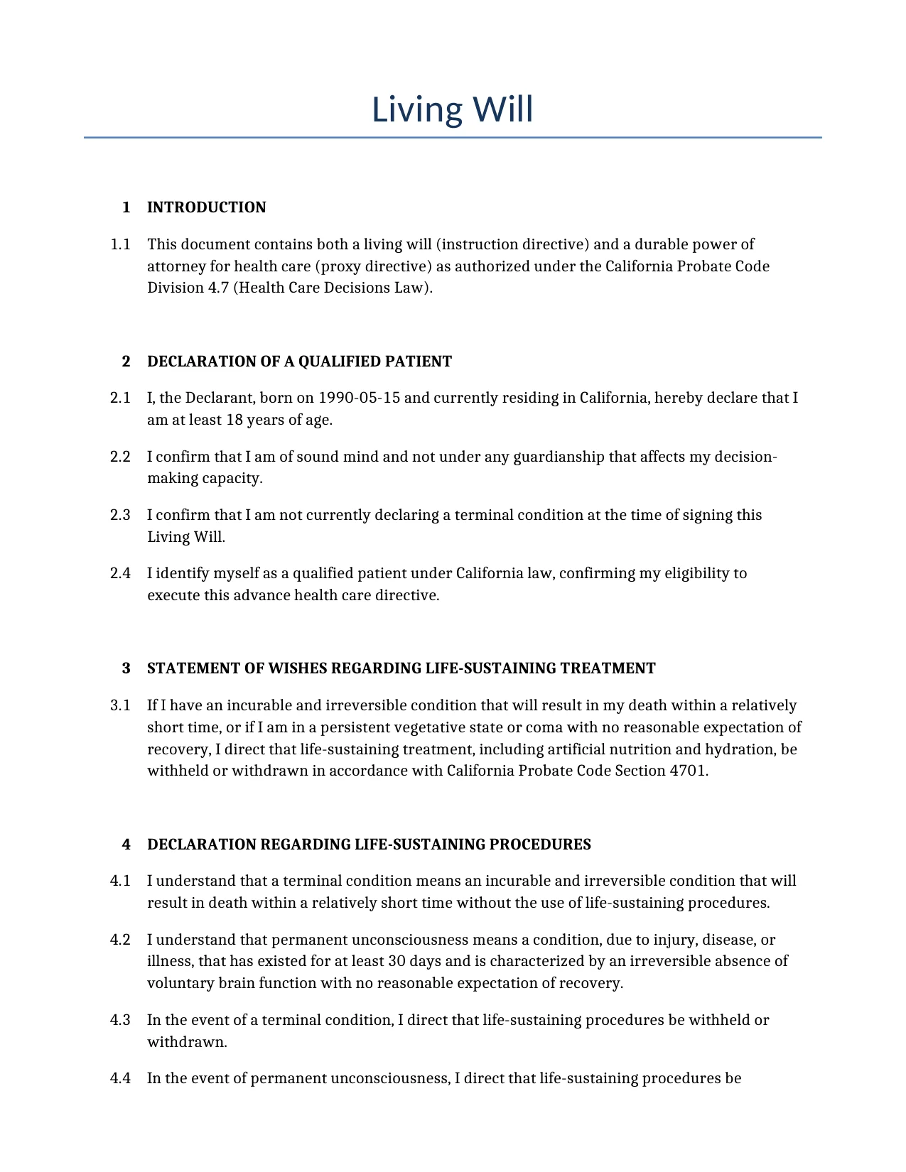 Example of a Living Will for use in the United States</b> generated by our AI model. 