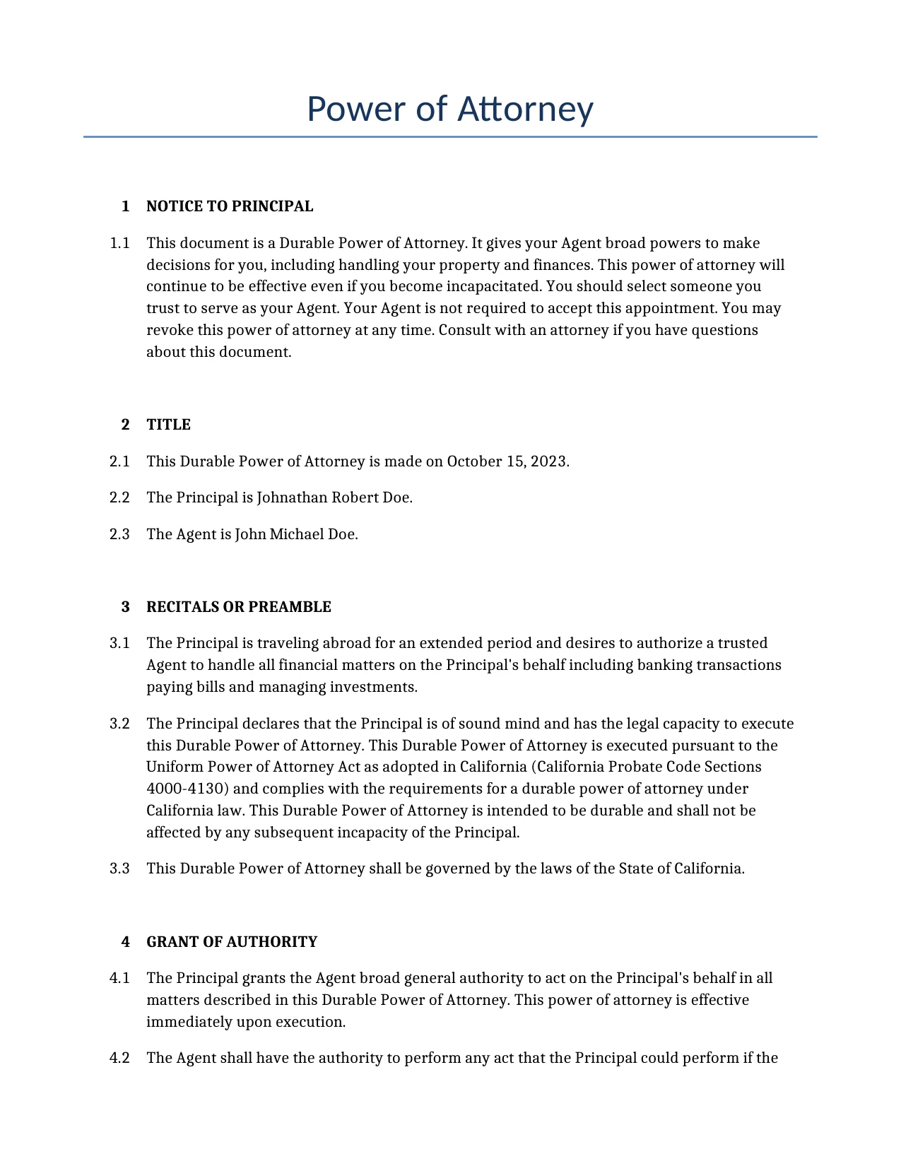 Example of a Power of Attorney for use in the United States</b> generated by our AI model. 