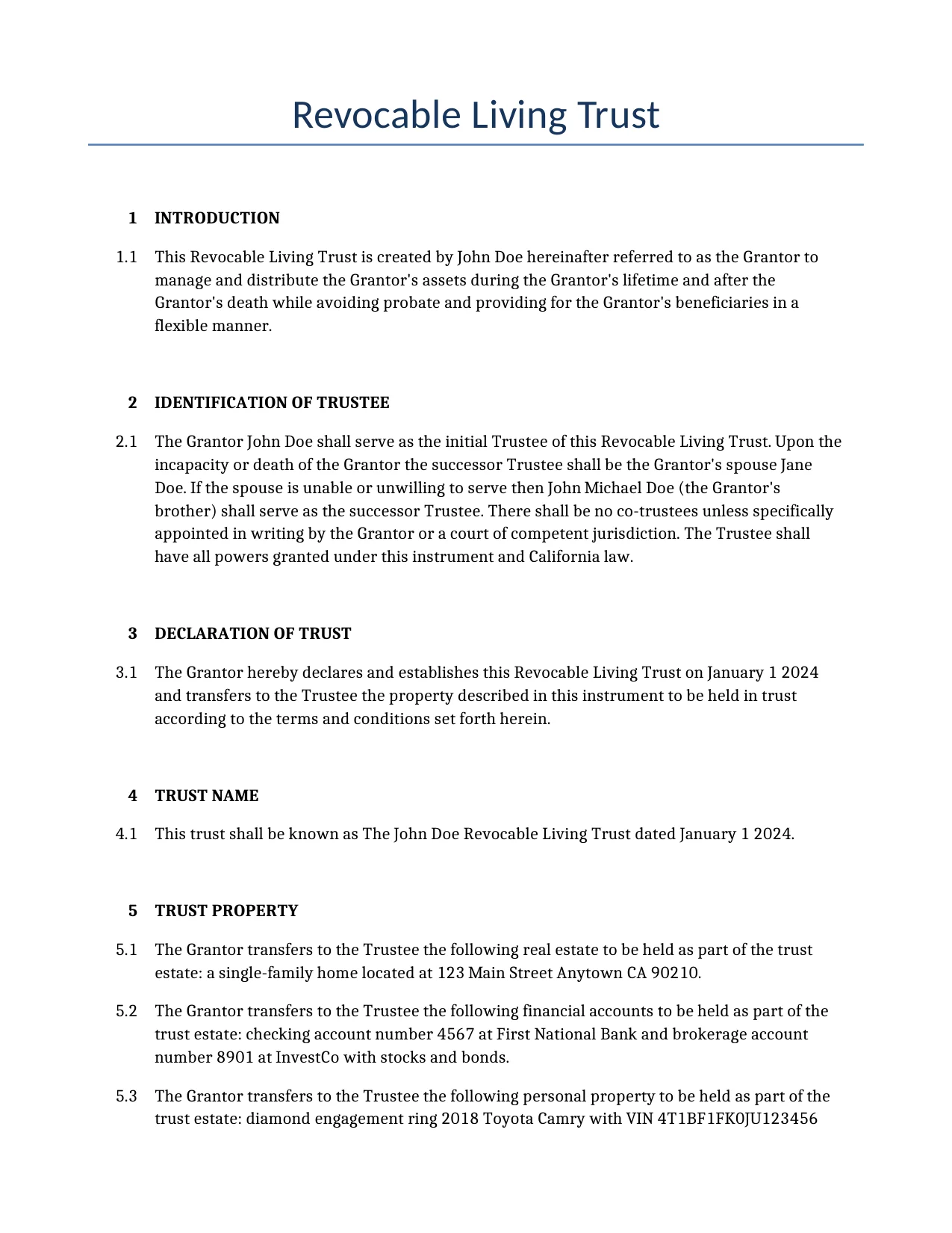 Example of a Revocable Living Trust for use in the United States</b> generated by our AI model. 