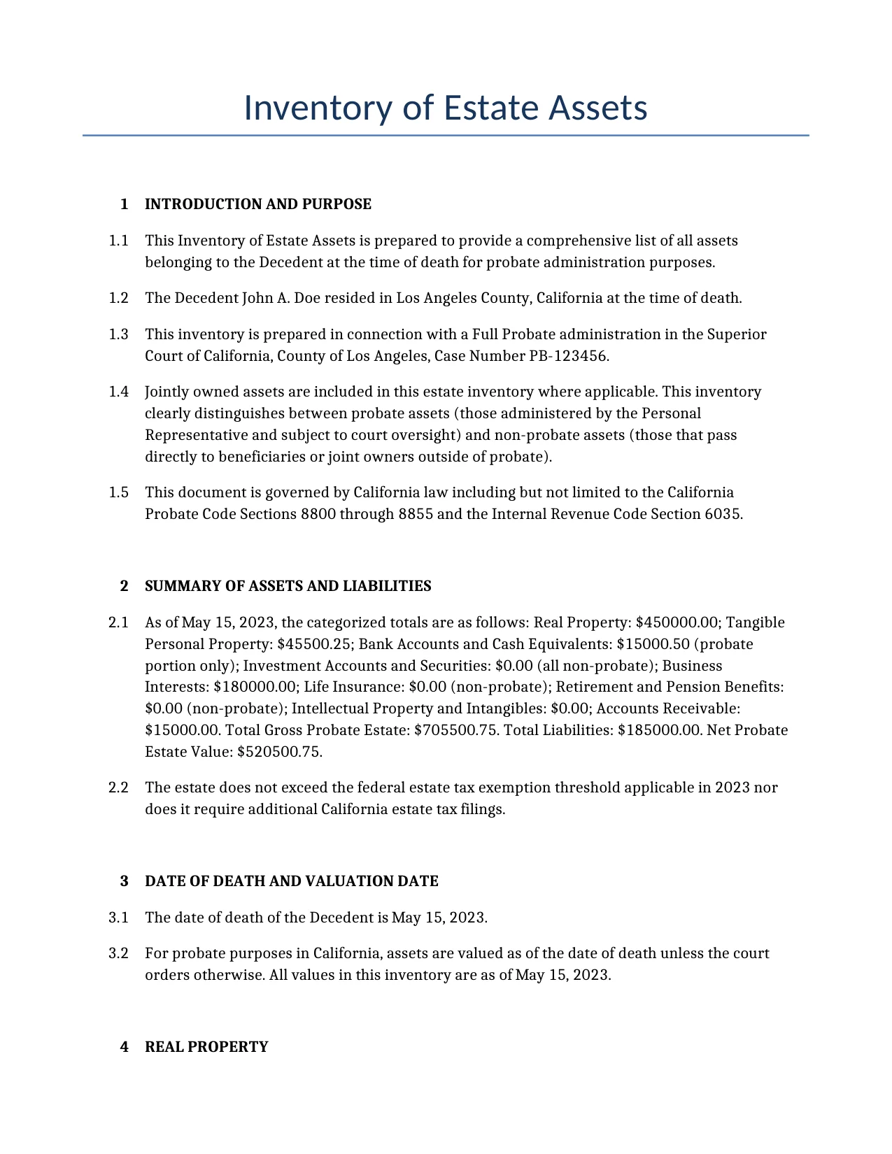 Example of a Inventory of Estate Assets for use in the United States</b> generated by our AI model. 