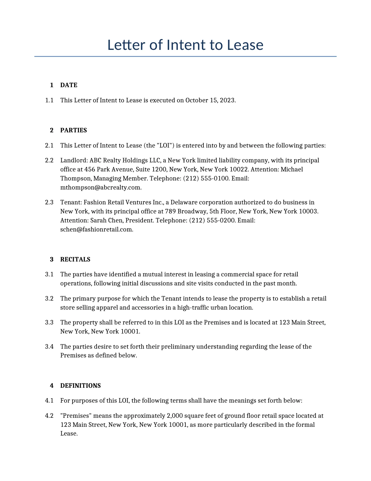 Example of a Letter of Intent to Lease for use in the United States</b> generated by our AI model. 