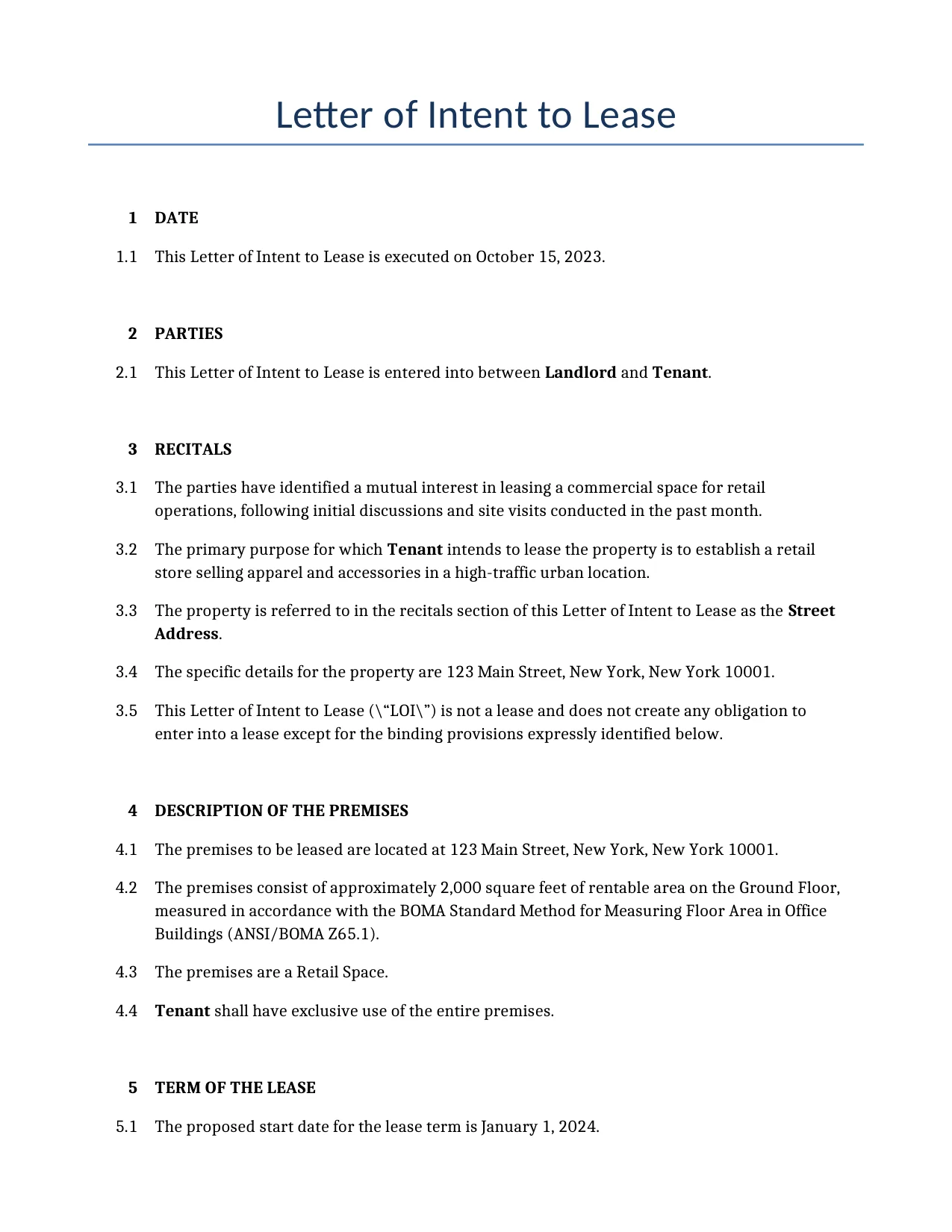 Example of a Letter of Intent to Lease for use in the United States</b> generated by our AI model. 