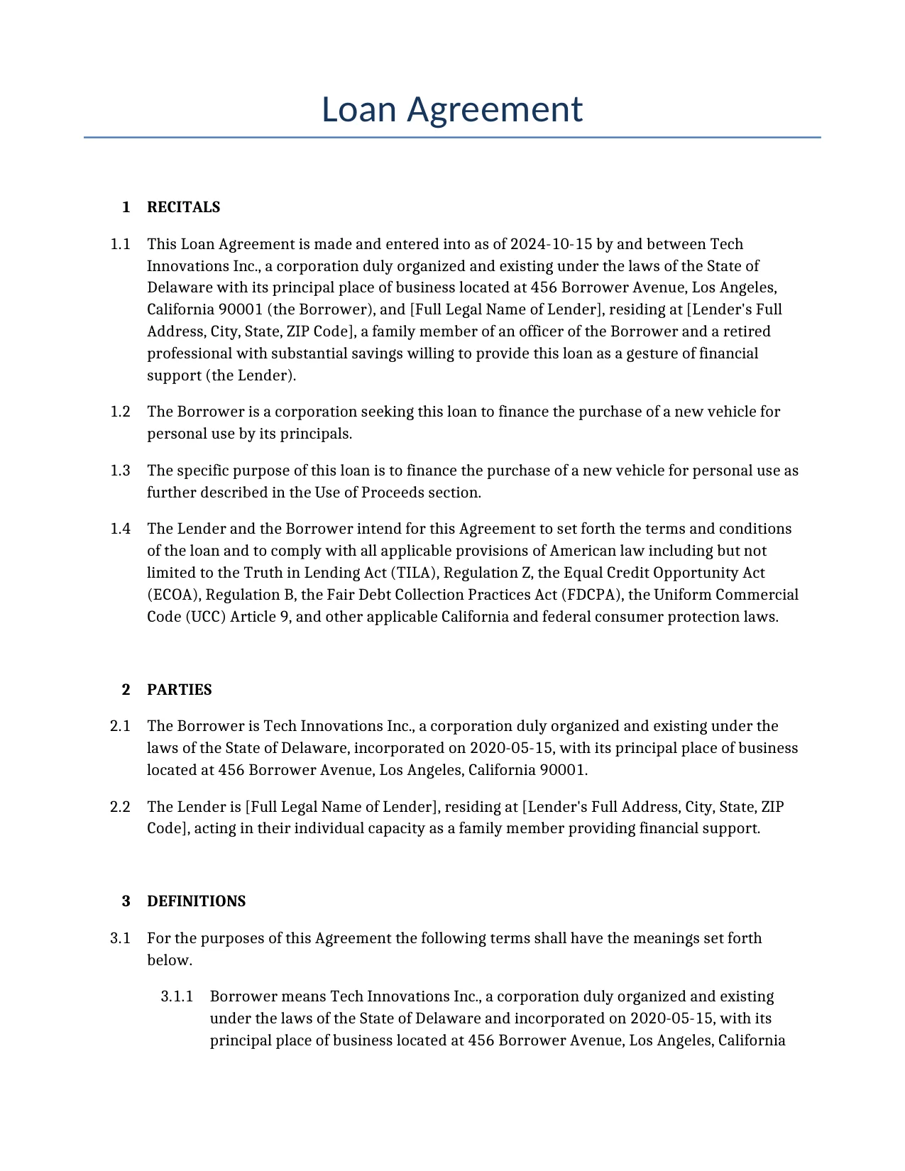 Example of a Loan Agreement for use in the United States</b> generated by our AI model. 