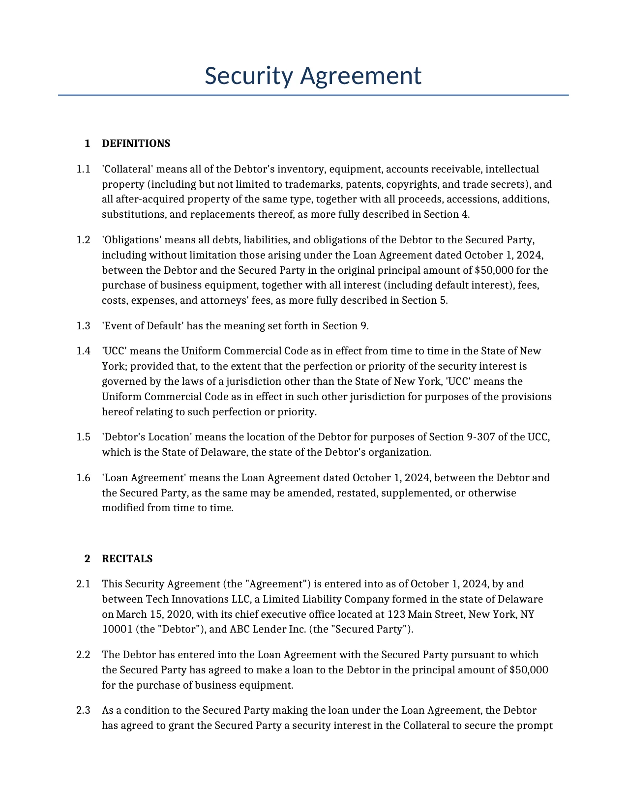Example of a Security Agreement for use in the United States</b> generated by our AI model.