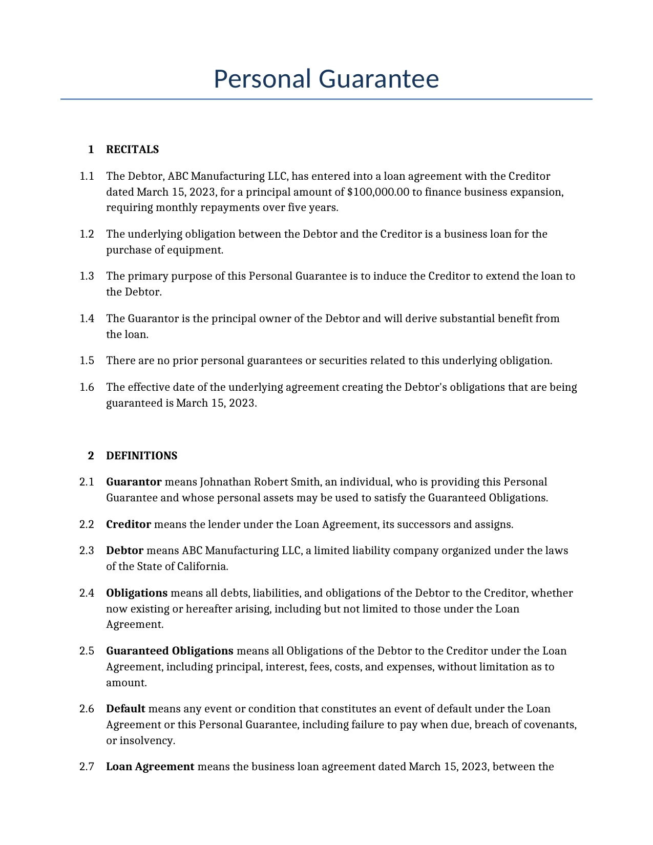 Example of a Personal Guarantee for use in the United States</b> generated by our AI model. 