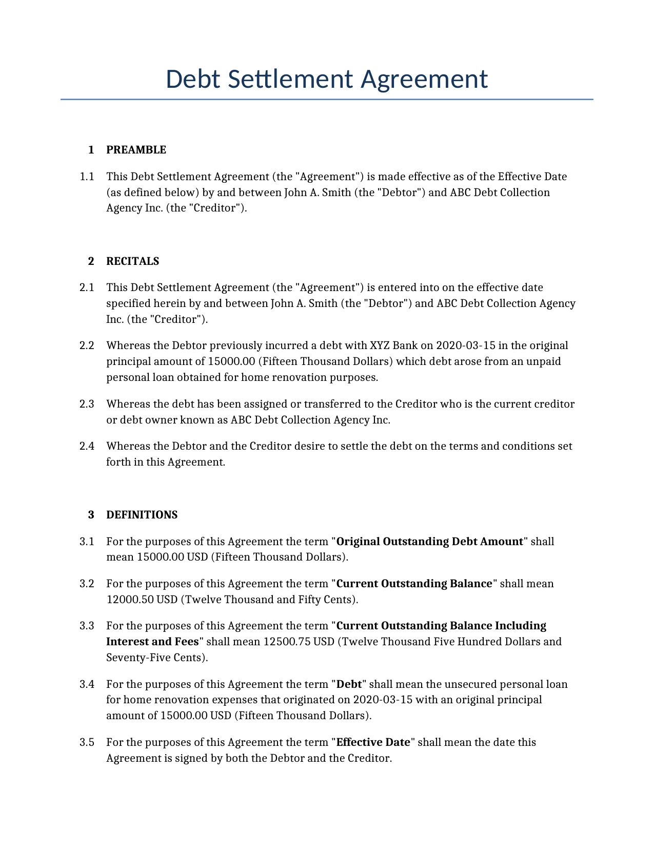 Example of a Debt Settlement Agreement for use in the United States</b> generated by our AI model. 