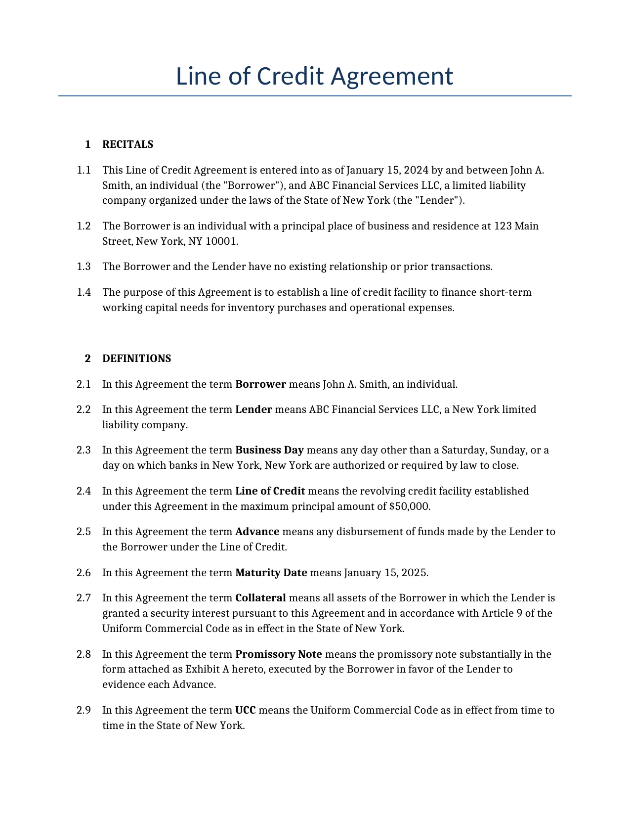Example of a Line of Credit Agreement for use in the United States</b> generated by our AI model.