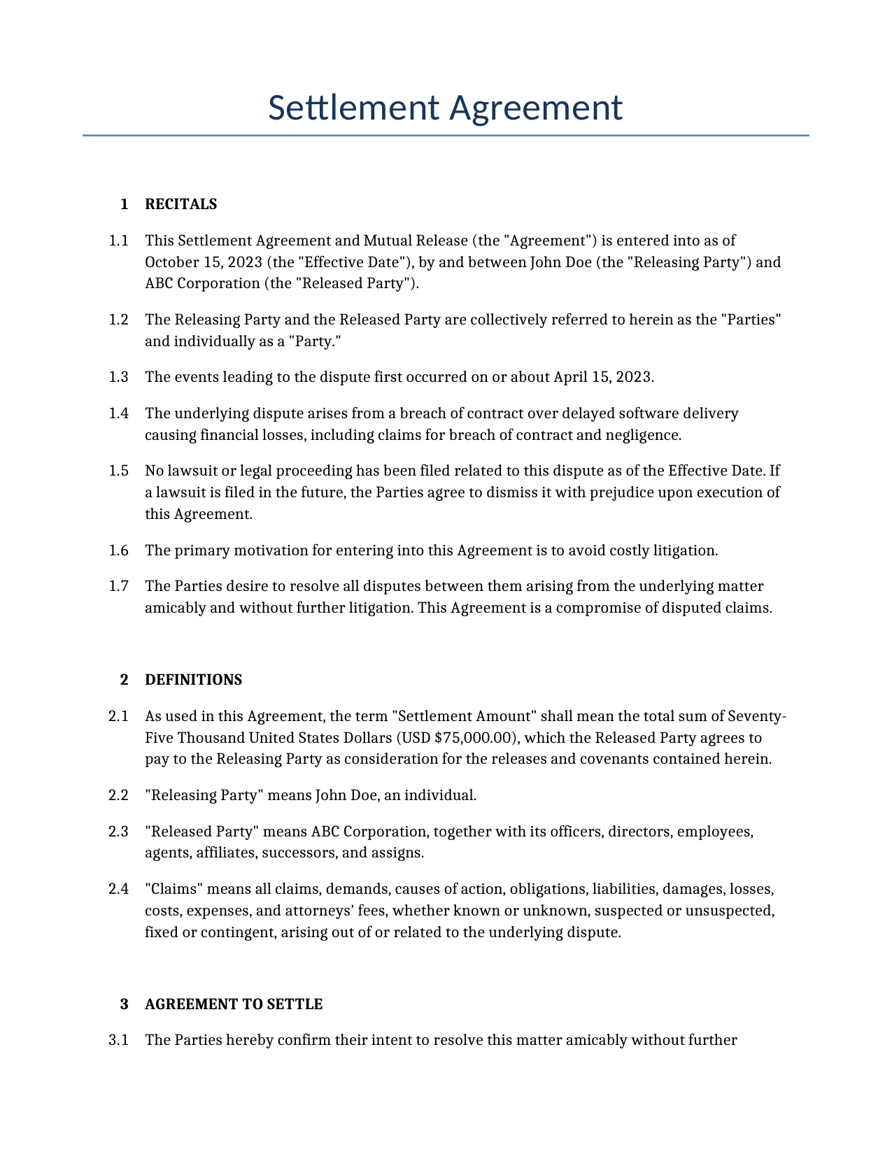 Example of a Settlement Agreement for use in the United States</b> generated by our AI model. 