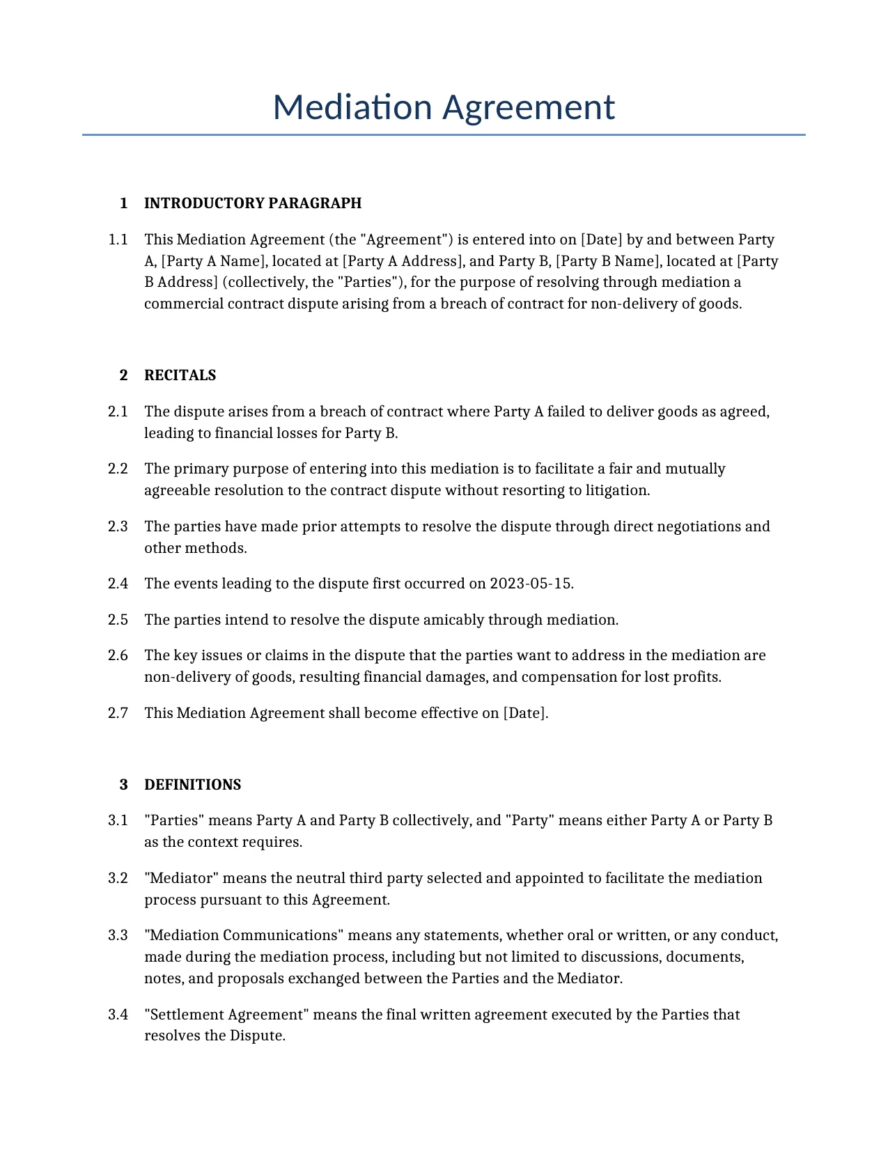 Example of a Mediation Agreement for use in the United States</b> generated by our AI model. 