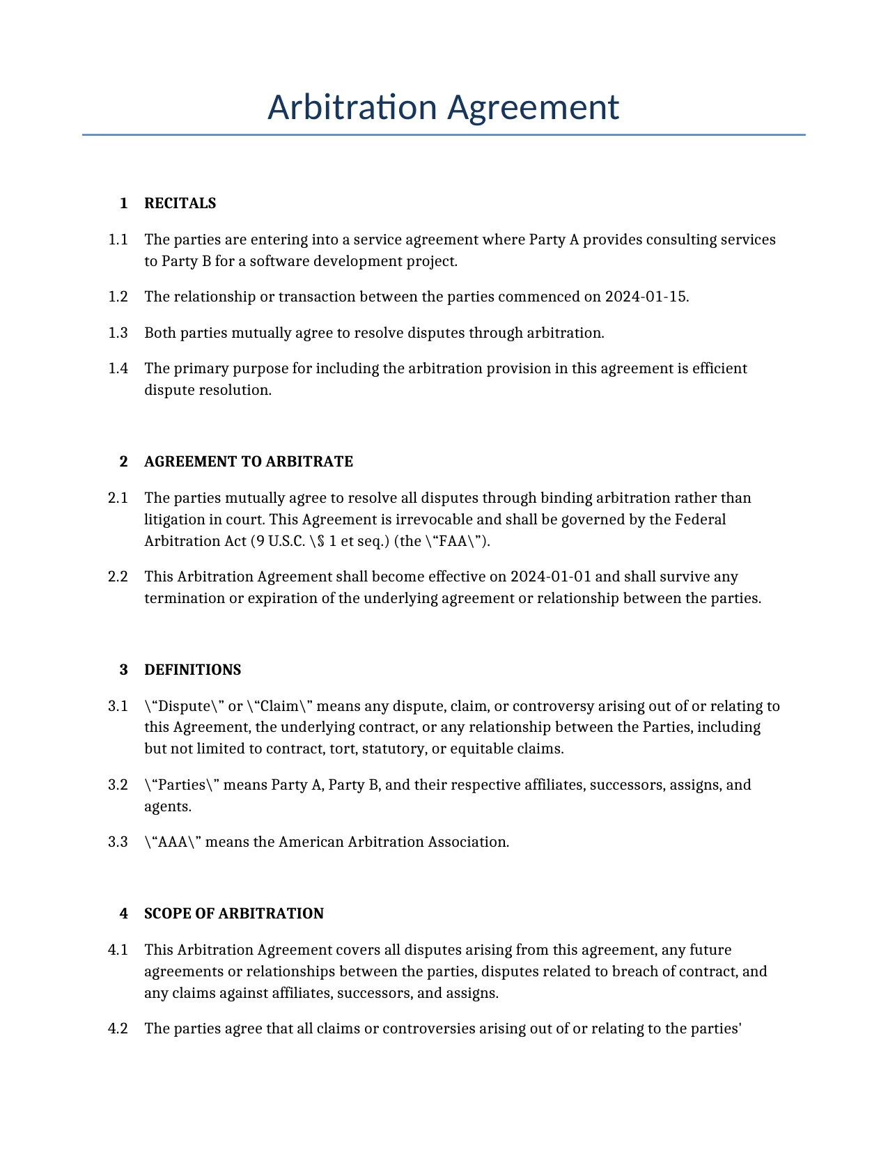 Example of a Arbitration Agreement for use in the United States</b> generated by our AI model.